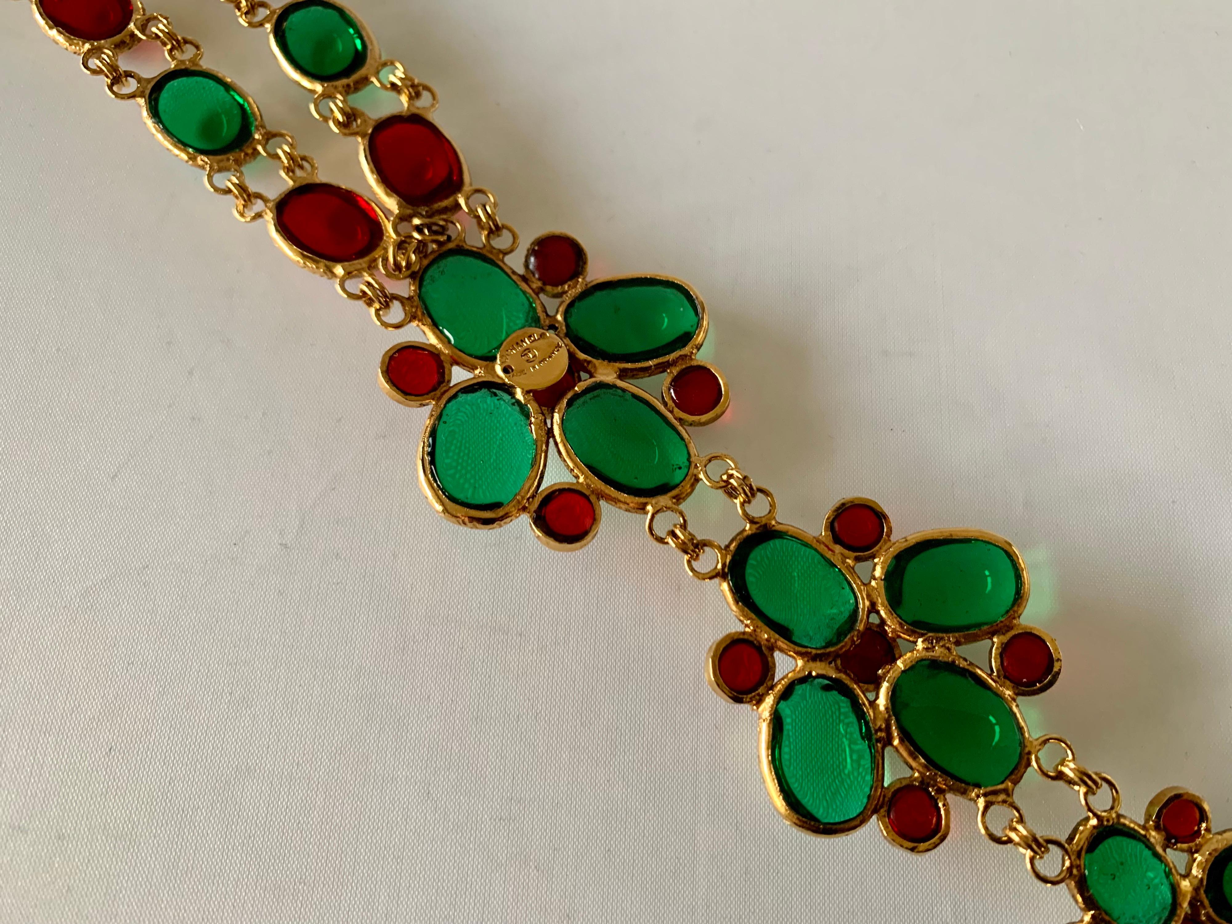 Women's Vintage Coco Chanel Gilt, Green and Red Statement Necklace