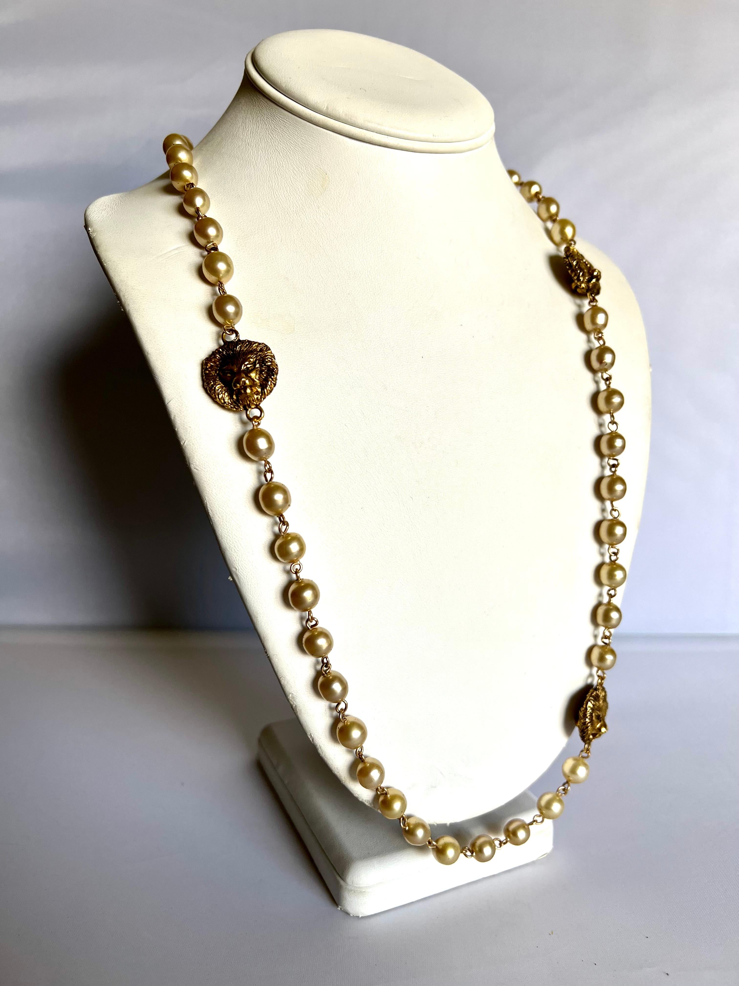 Vintage Coco Chanel gilt metal lion medallion faux glass pearl bead glass necklace, Chanel circa 1980. 
