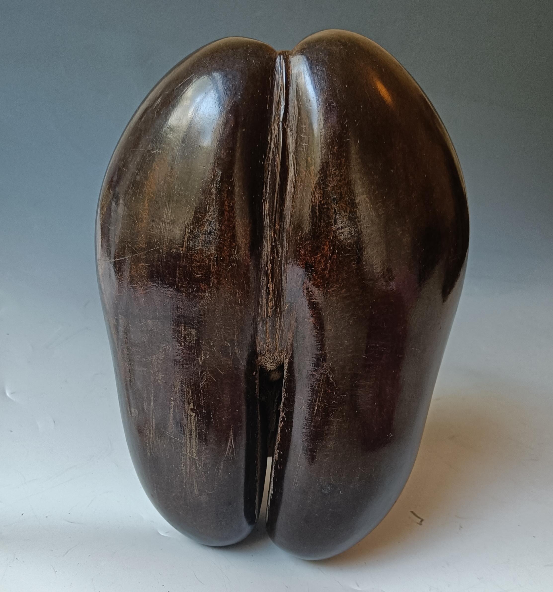 Vintage Coco de mer  container kunstgewerbe dekoration

Eine Coco-de-Mer-Nuss von den Seychellen, die auf der Rückseite zu einem dekorativen Behälter geschnitzt wurde.
Dieser sehr ansprechende Dekorationsartikel kann aufgehängt und ausgestellt