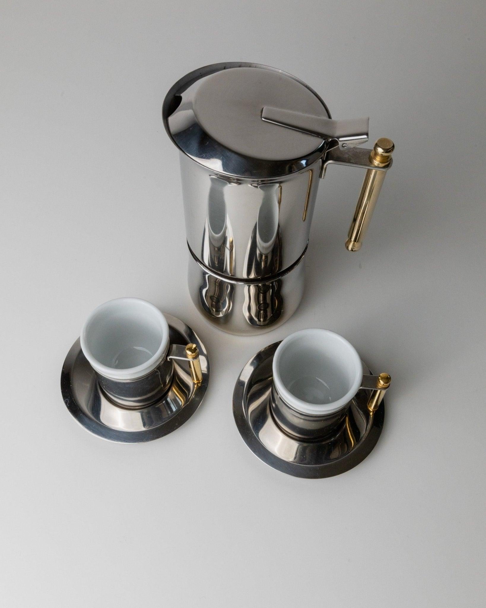 Vintage Kaffee Set von IMCO - 2 Tassen, Untertassen, 1 Mokkakanne, goldene Details - zeitloses Design Italien 80er Jahre, Tischdekoration, Geschenk edel

Dieses Vintage-Kaffeeset von IMCO aus den 1980er Jahren besteht aus 2 Tassen, Untertassen und