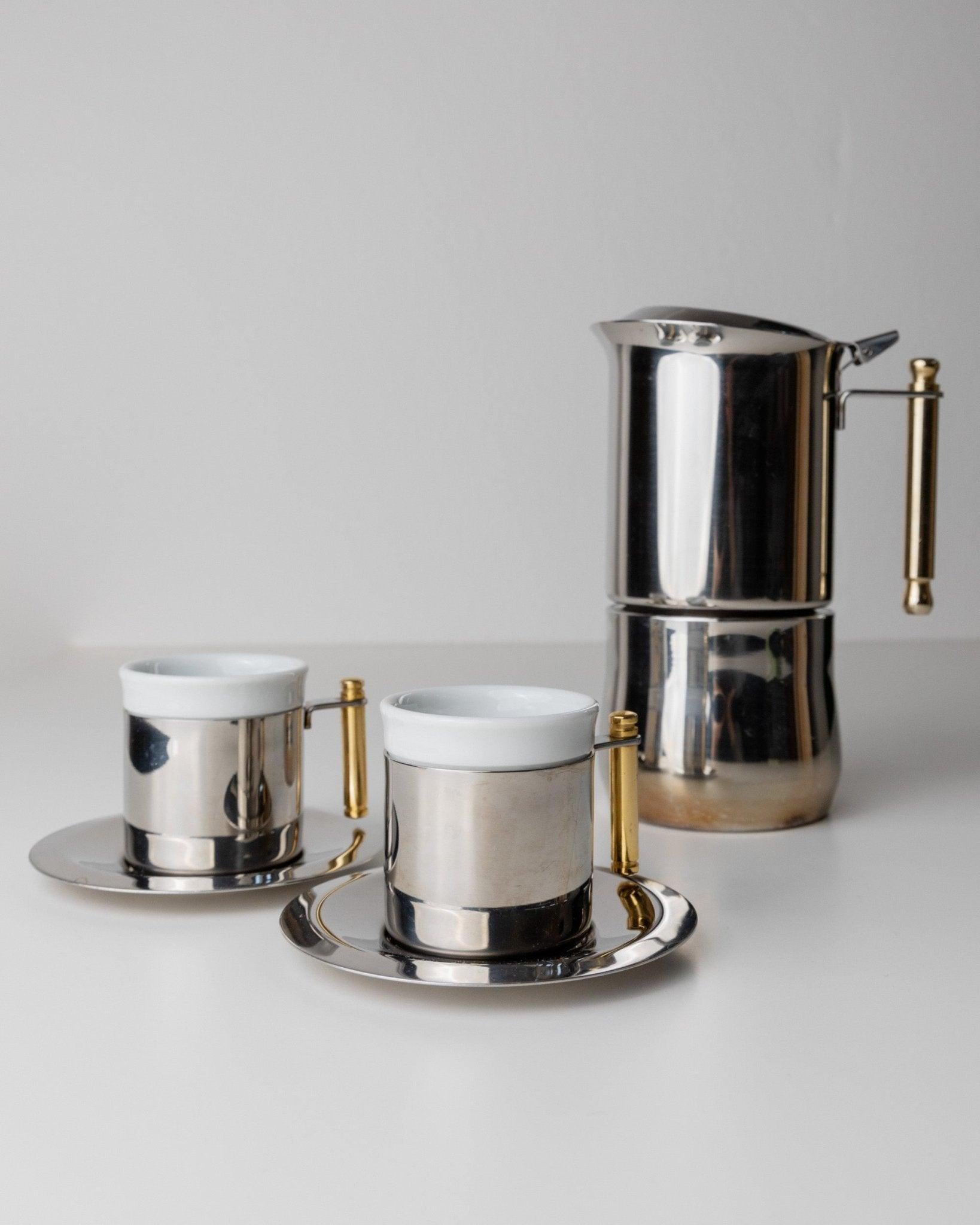 Vintage By IMCO Kaffeeset - 2 Tassen, Untertassen, 1 Mokkakanne, goldene Details, 1980er (Italienisch) im Angebot