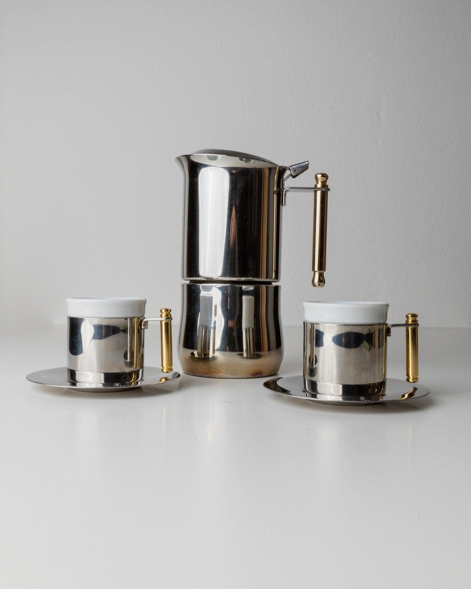 Vintage By IMCO Kaffeeset - 2 Tassen, Untertassen, 1 Mokkakanne, goldene Details, 1980er (20. Jahrhundert) im Angebot