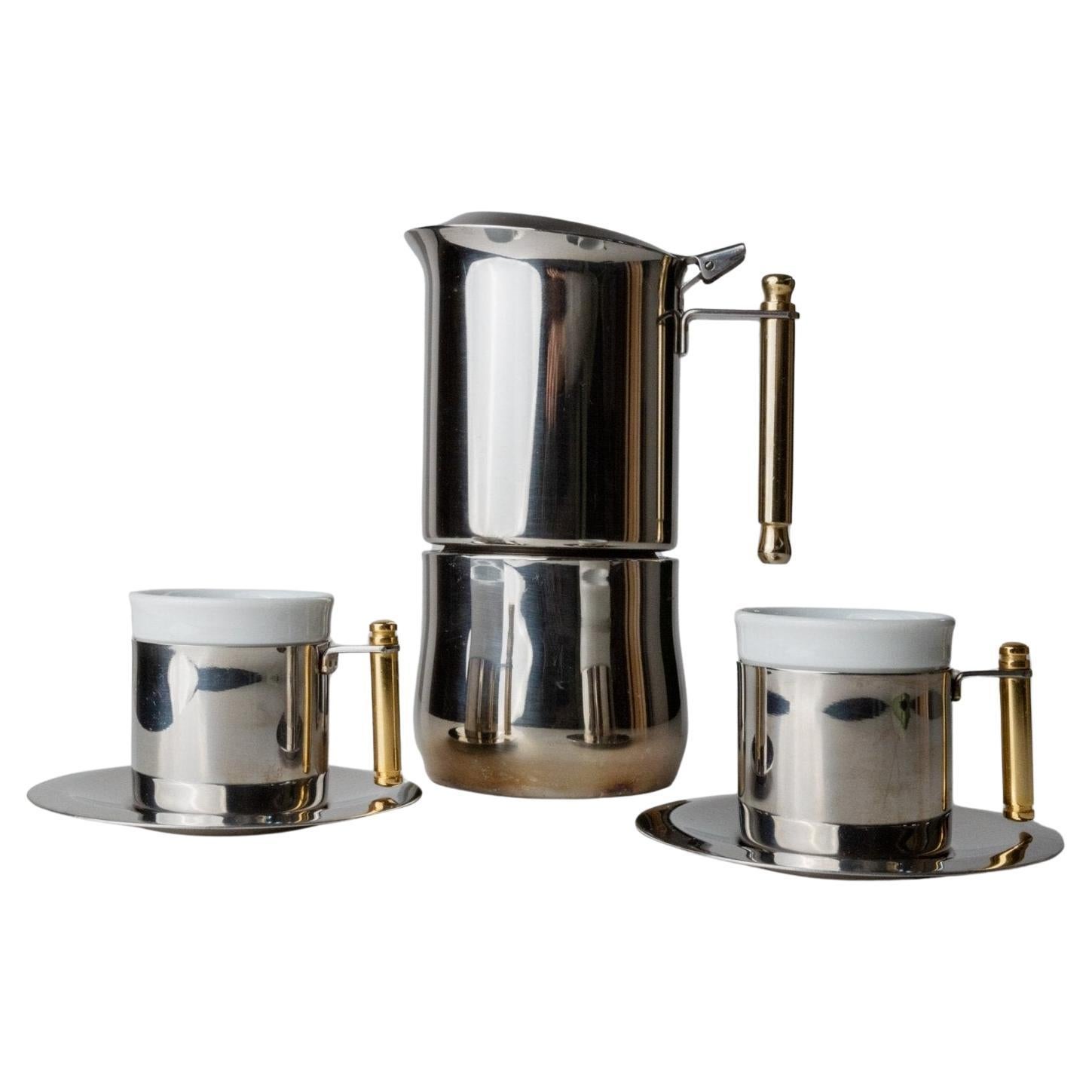 Vintage By IMCO Kaffeeset - 2 Tassen, Untertassen, 1 Mokkakanne, goldene Details, 1980er