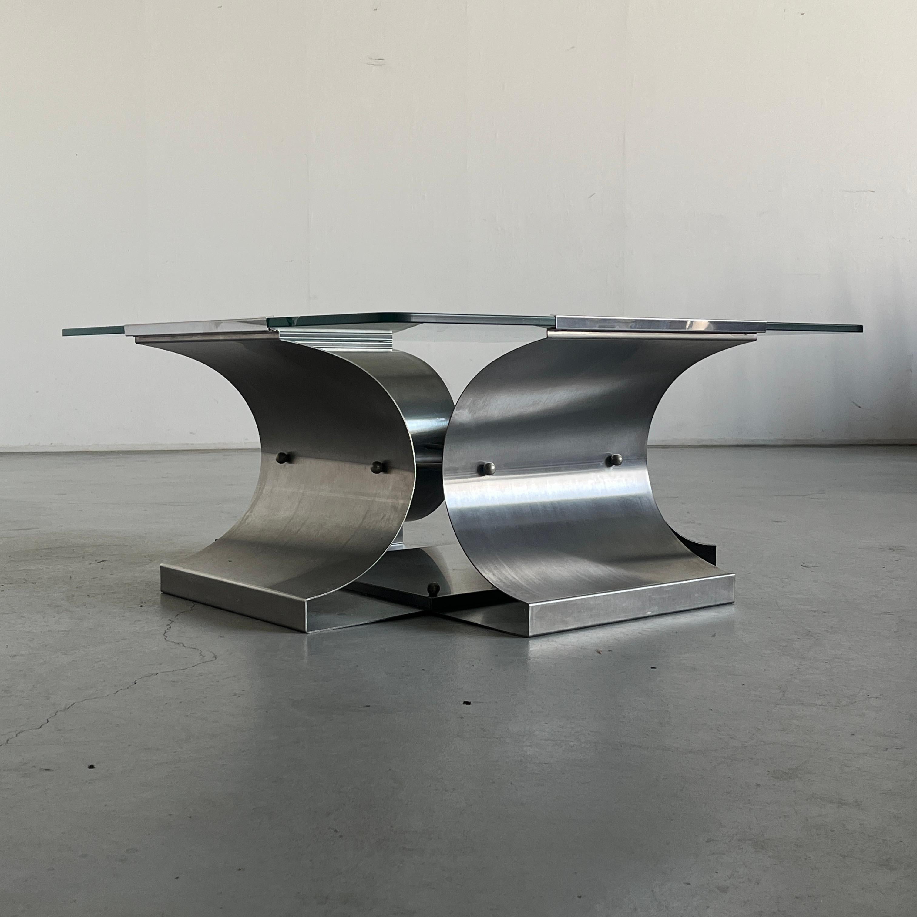 Mid-Century Modern Table basse vintage par Francois Monnet pour Kappa, acier brossé courbé, 1970 en vente
