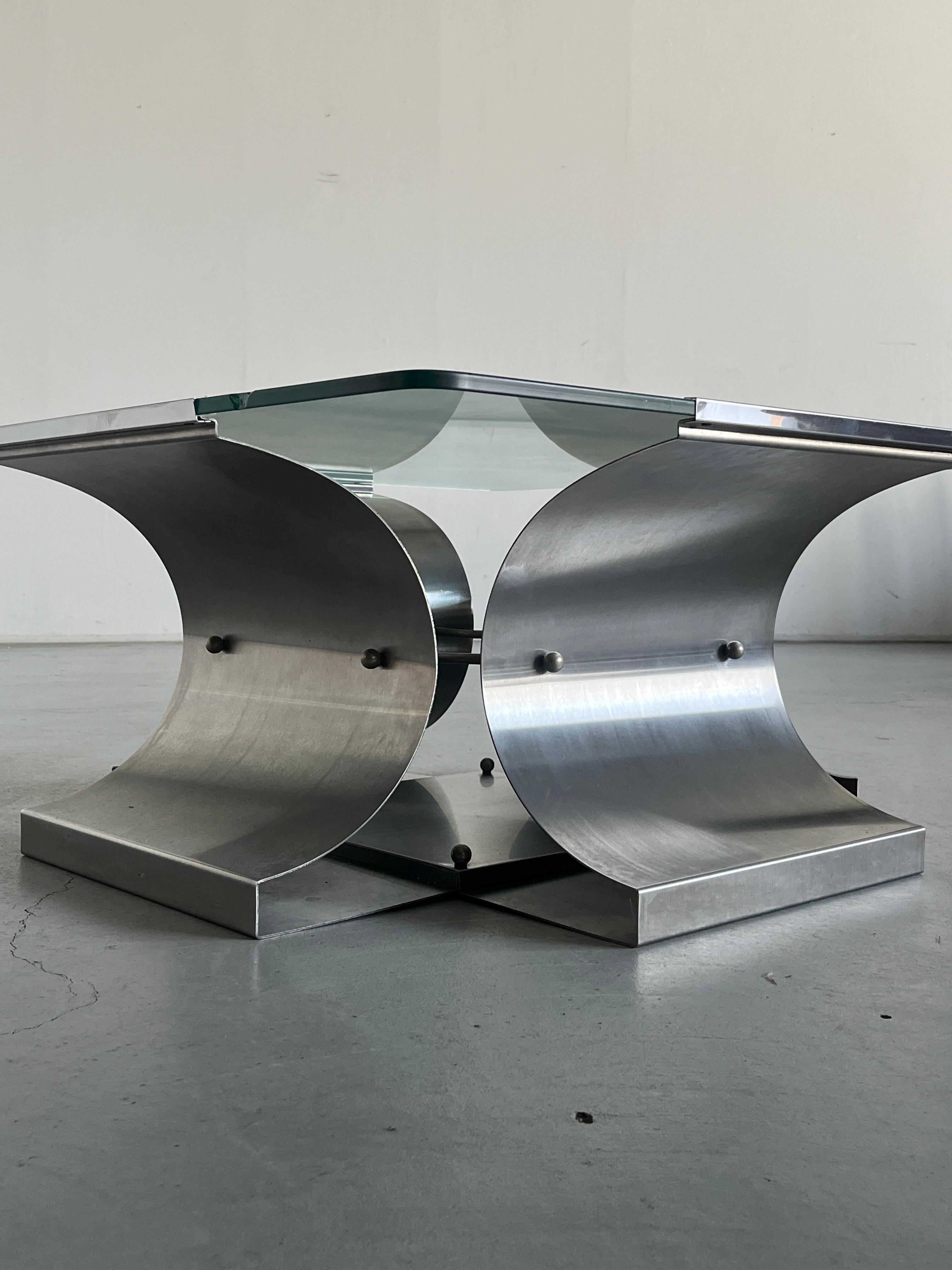 Fin du 20e siècle Table basse vintage par Francois Monnet pour Kappa, acier brossé courbé, 1970 en vente