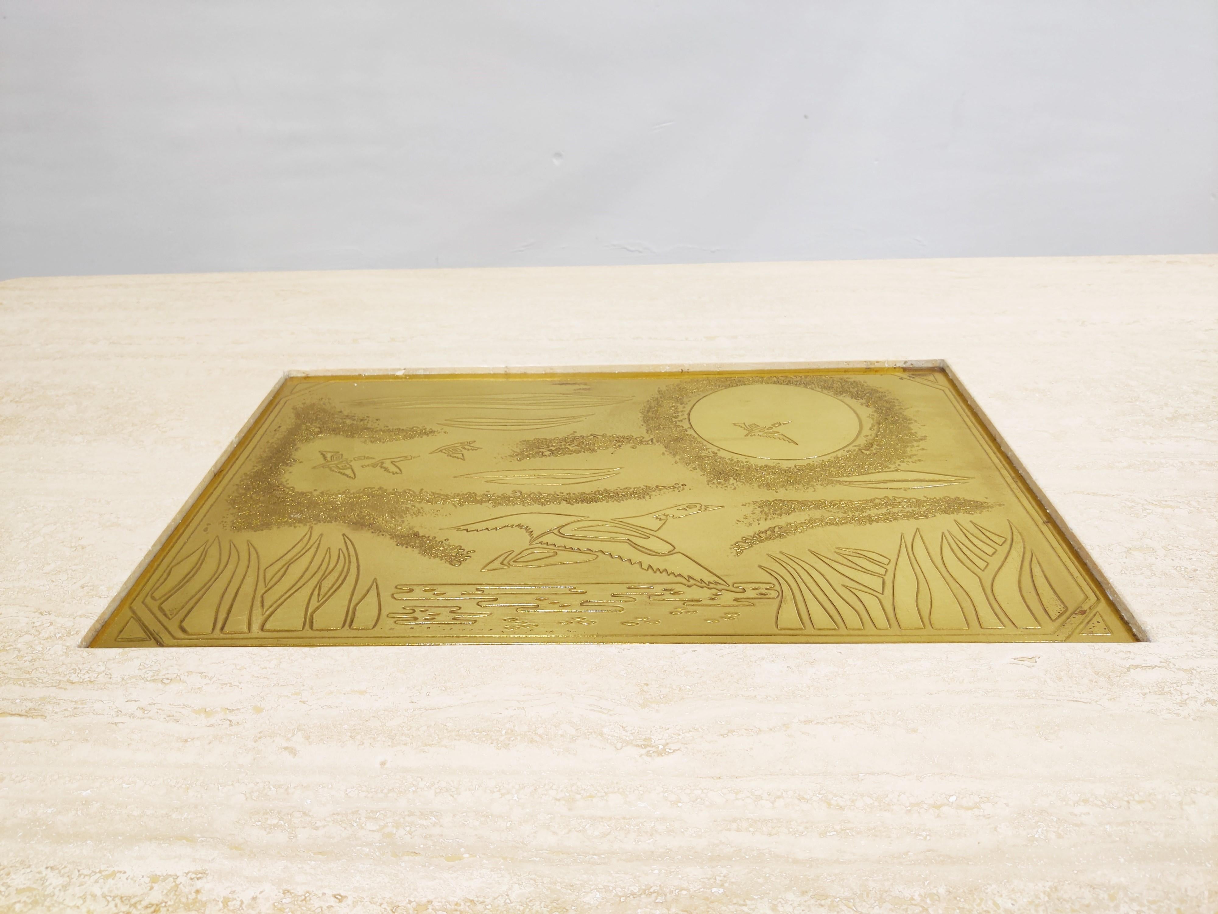 Travertine coffee table with a brass etched plate by Georges Mathias signed 'Maho'.

Number 35/50

The etched brass plate has a beautiful patinas and the travertine combines well with modern day interiors.

Good condition.

1970s -