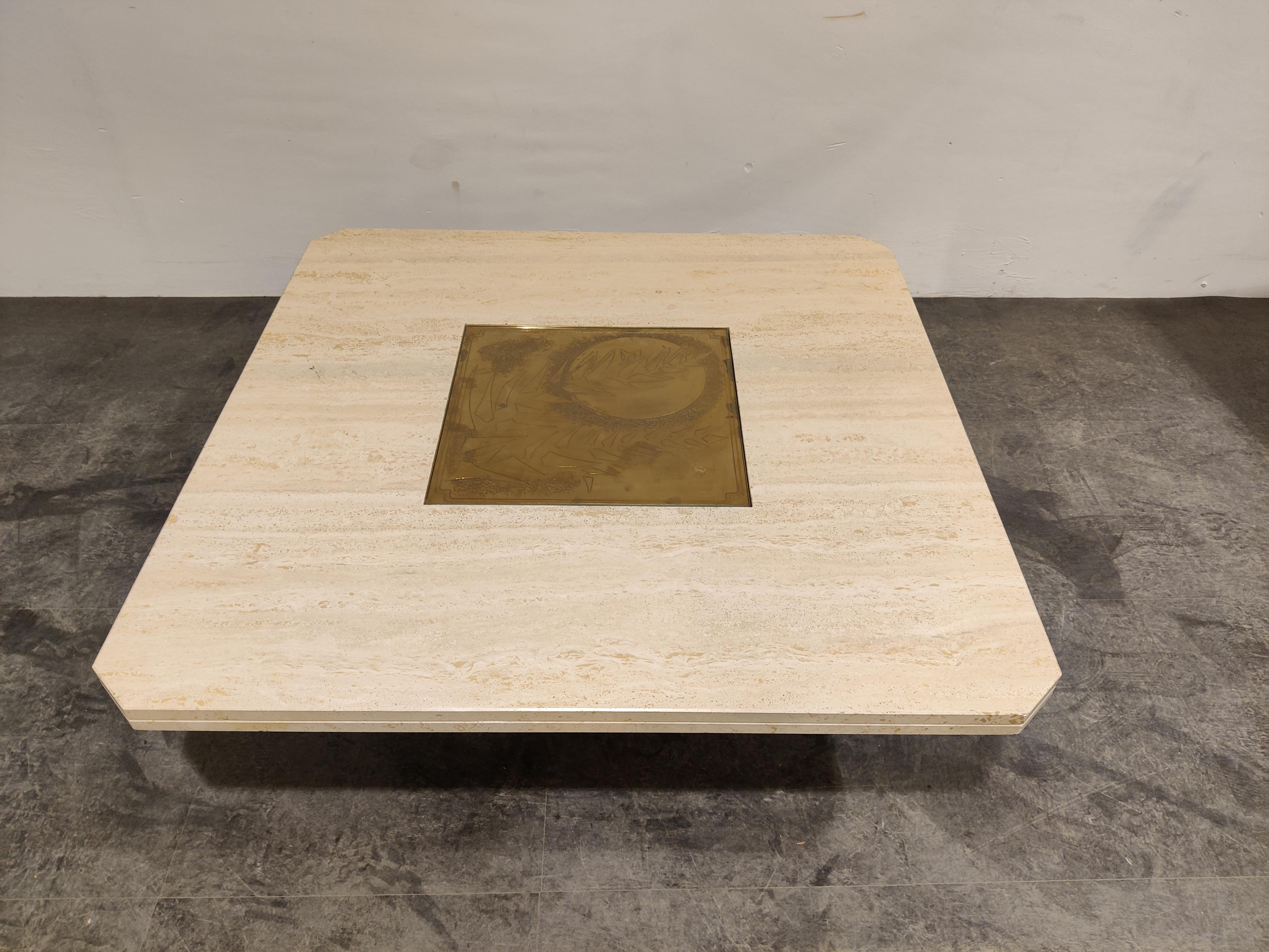 Travertine coffee table with a brass etched plate by Georges Mathias signed 'Maho'.

Number 6/50

The etched brass plate has a beautiful patinas and the travertine combines well with modern day interiors.

Good condition, one small repair to