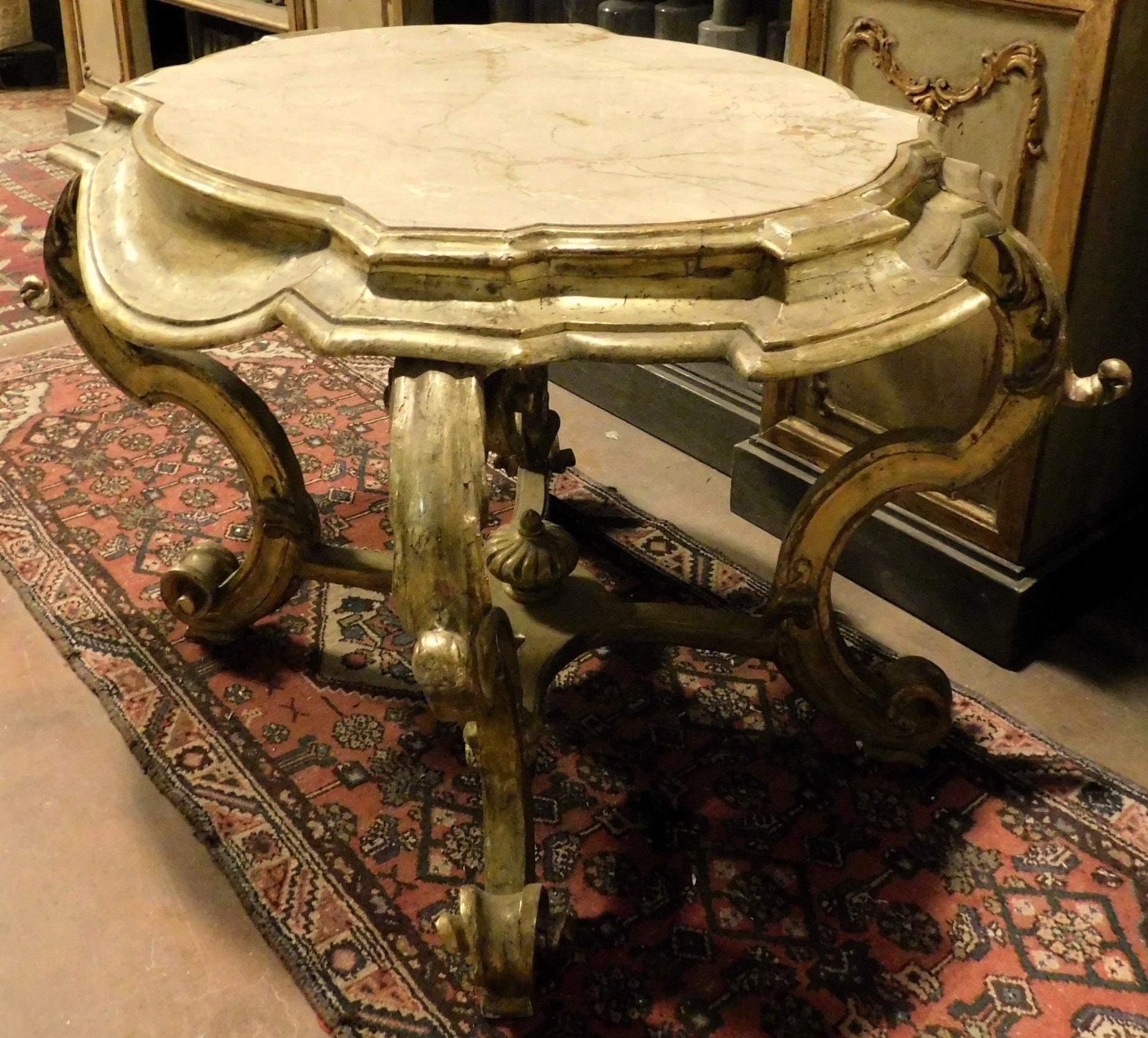 Vintage Coffee Table, Console in Gilded Wood, Pink Marble Top, Early 1900s Italy 4