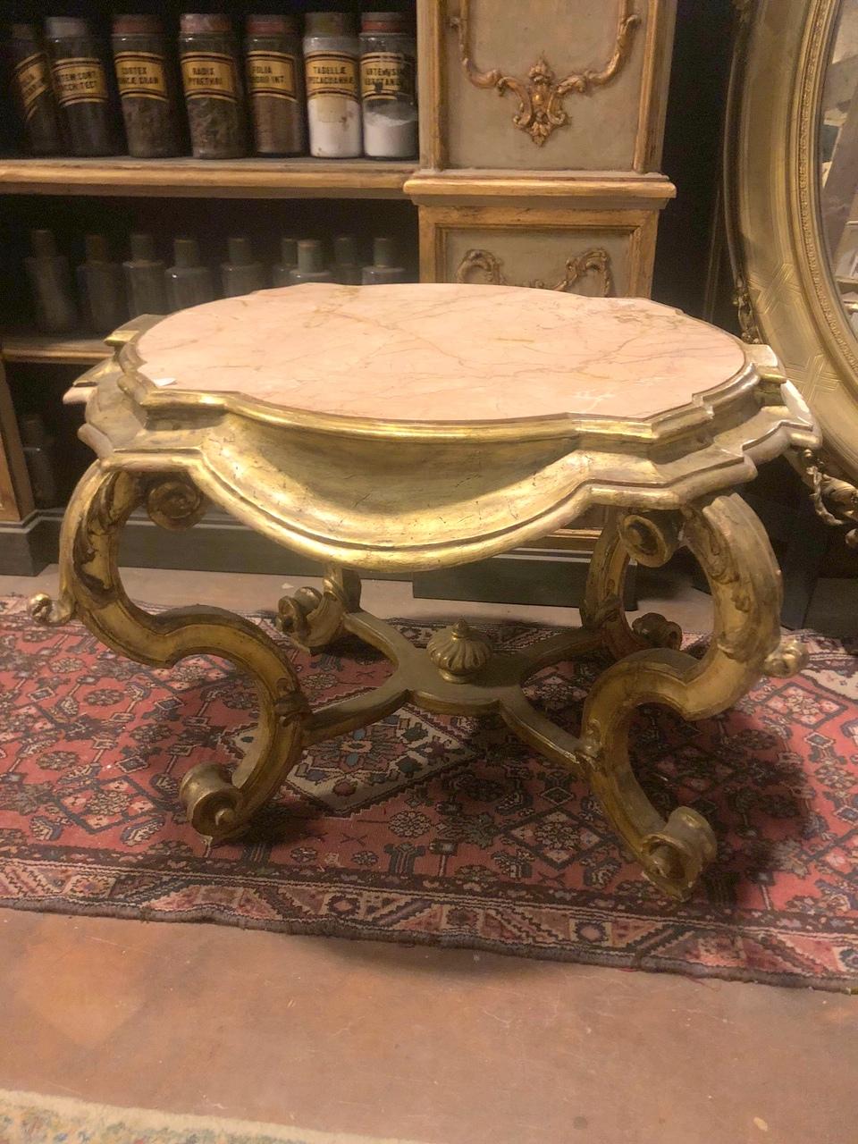 Vintage Coffee Table, Console in Gilded Wood, Pink Marble Top, Early 1900s Italy 5