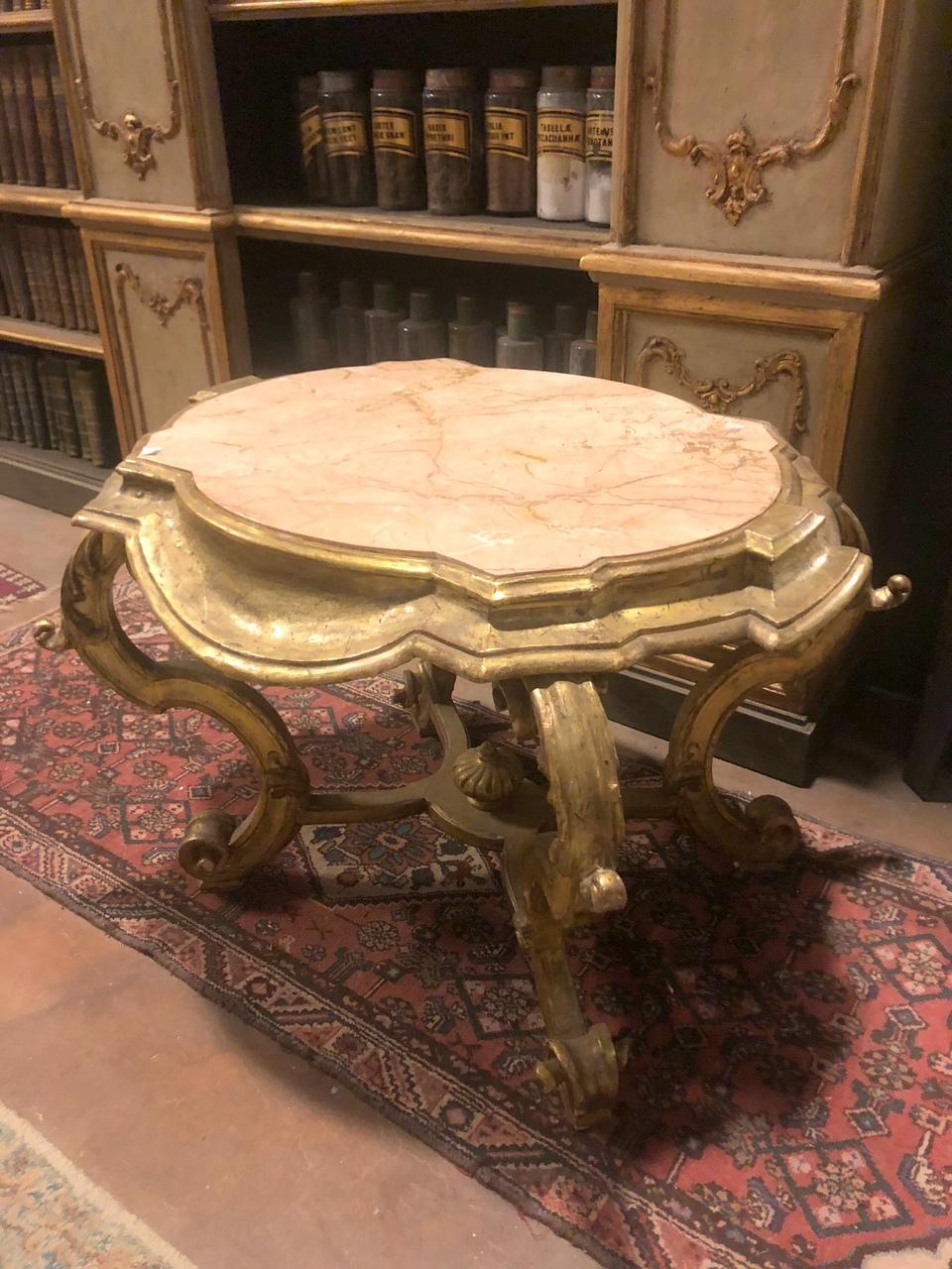 Italian Vintage Coffee Table, Console in Gilded Wood, Pink Marble Top, Early 1900s Italy