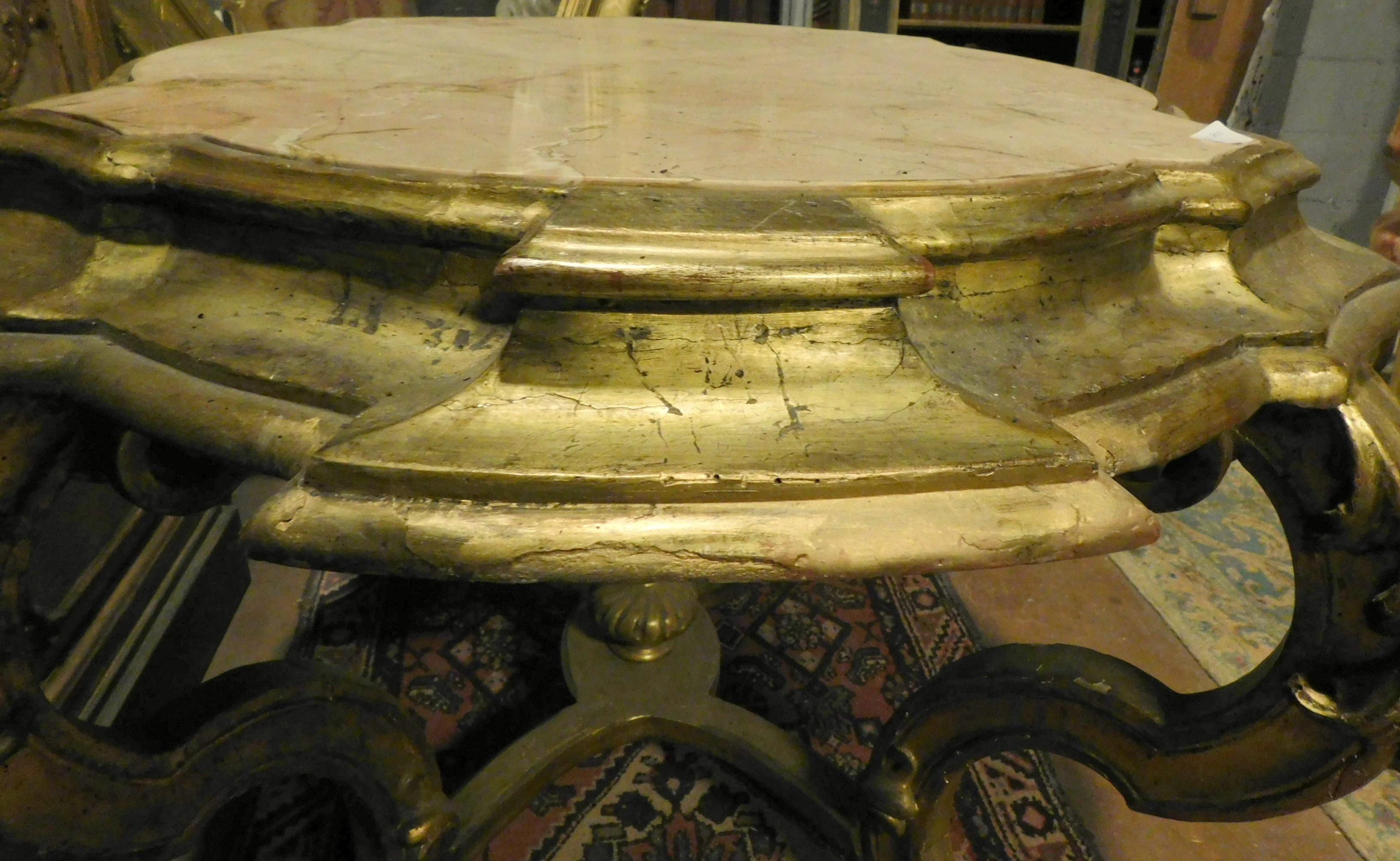 20th Century Vintage Coffee Table, Console in Gilded Wood, Pink Marble Top, Early 1900s Italy