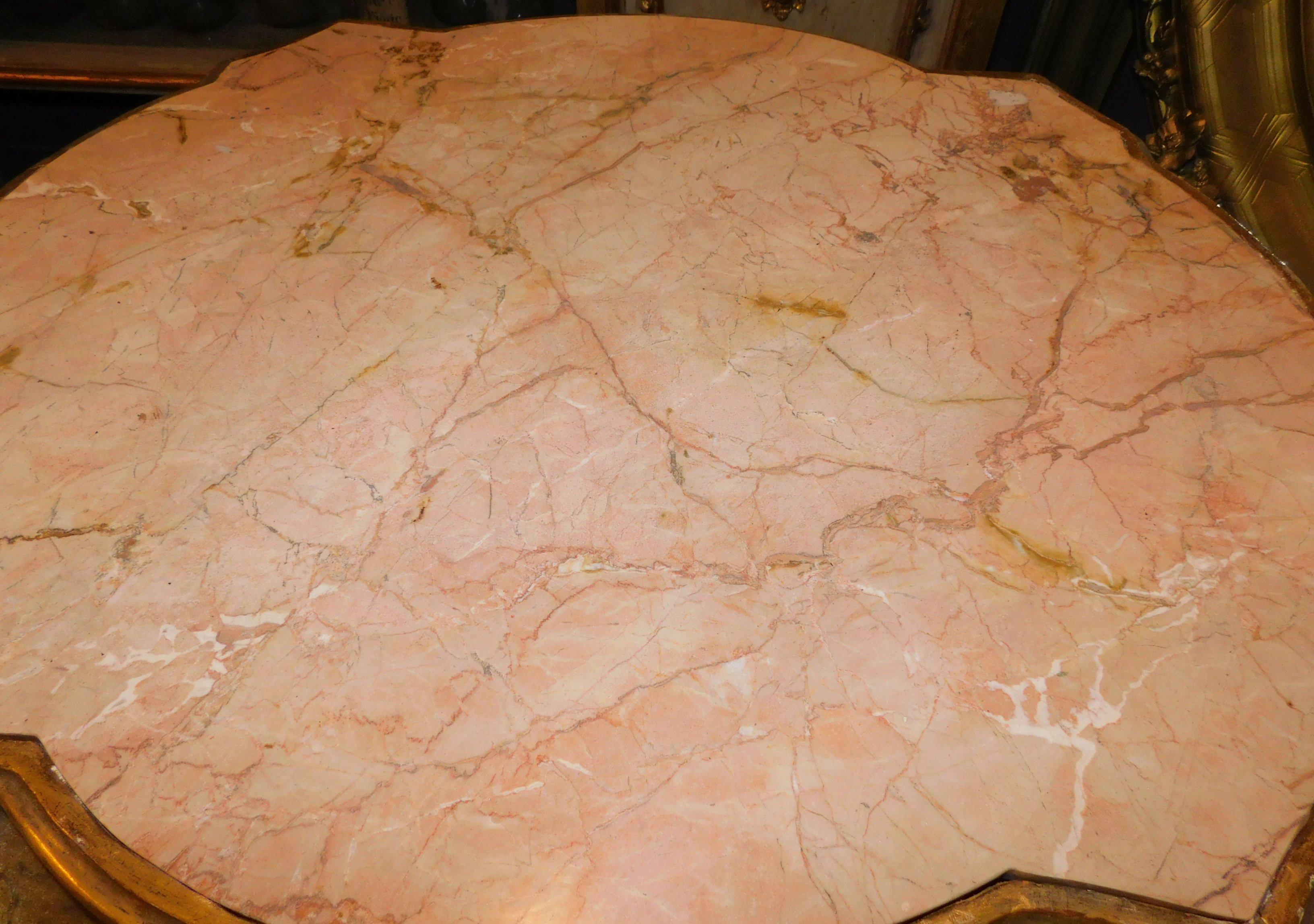 Vintage Coffee Table, Console in Gilded Wood, Pink Marble Top, Early 1900s Italy 2