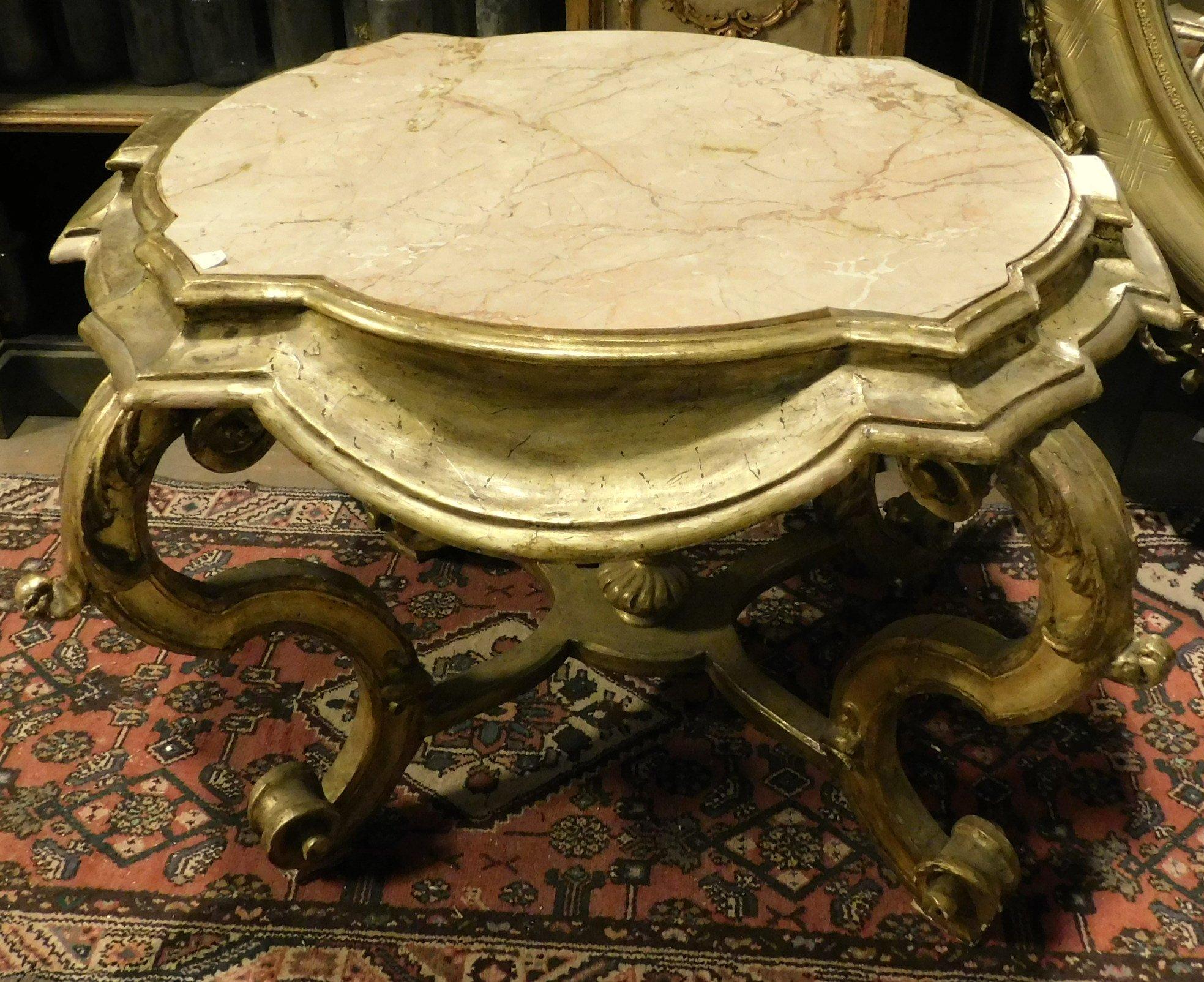Vintage Coffee Table, Console in Gilded Wood, Pink Marble Top, Early 1900s Italy 3