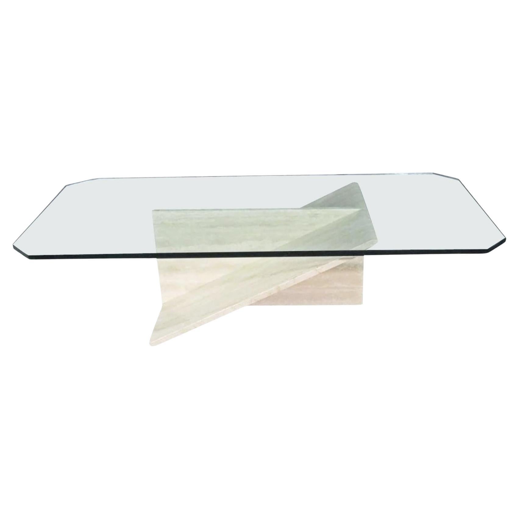 Table basse vintage en travertin et verre en vente