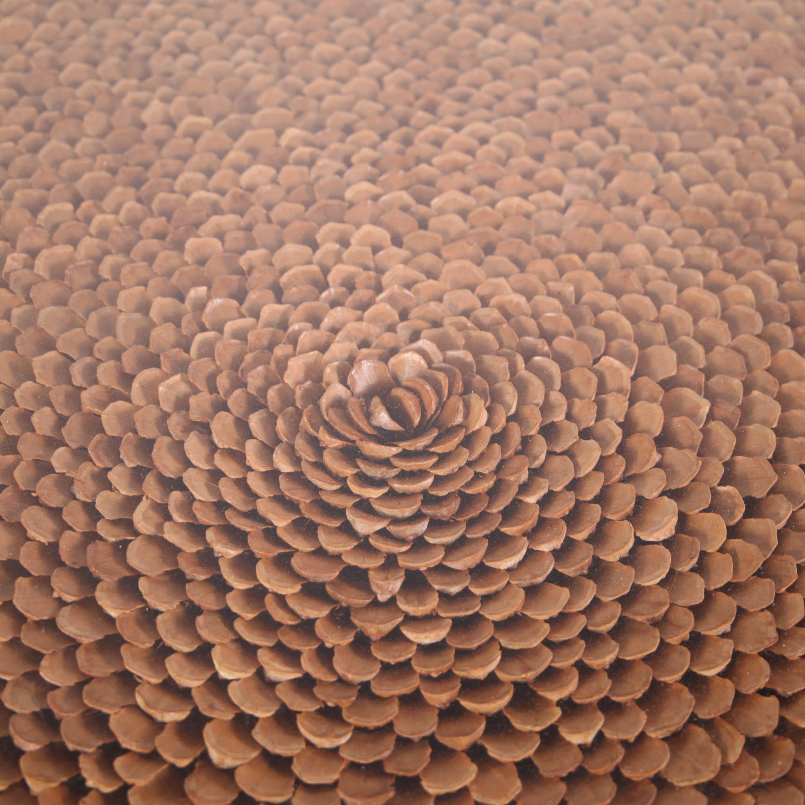 Mid-Century Modern Vintage coffee table in wood and scales of pine cones with glass top