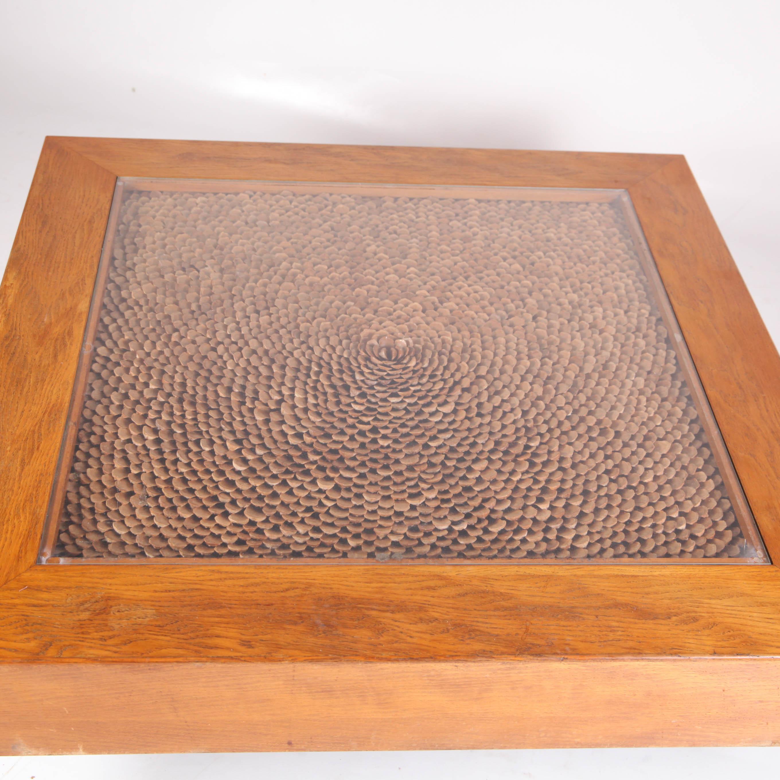 Italian Vintage coffee table in wood and scales of pine cones with glass top