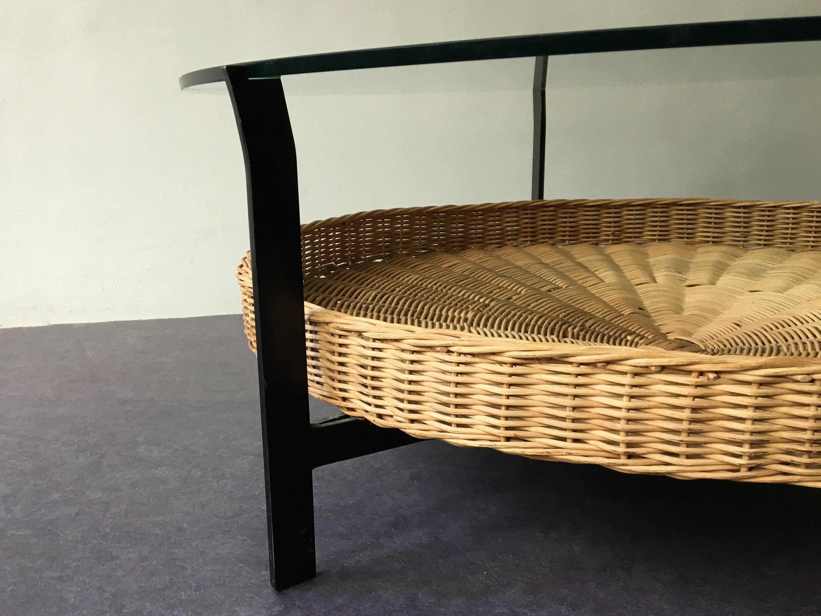 Mid-Century Modern Vintage Coffee Table of a Metal Frame, Wicker Basket and Glass Top, the Netherla