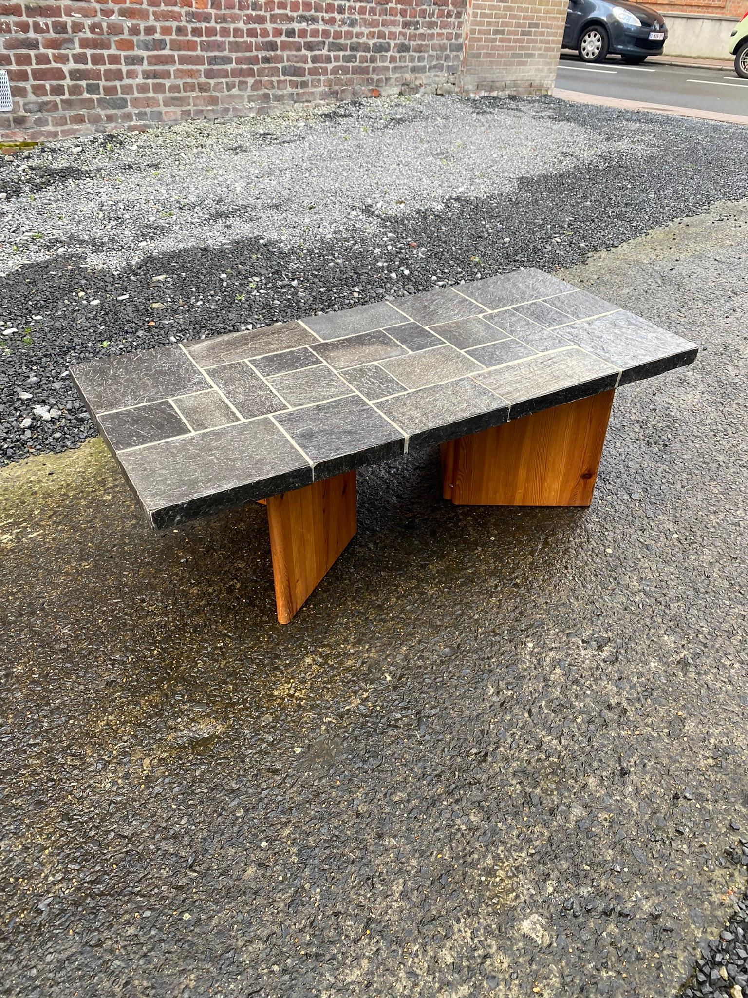 European Vintage Coffee Table, Pine and Slate, circa 1960 For Sale