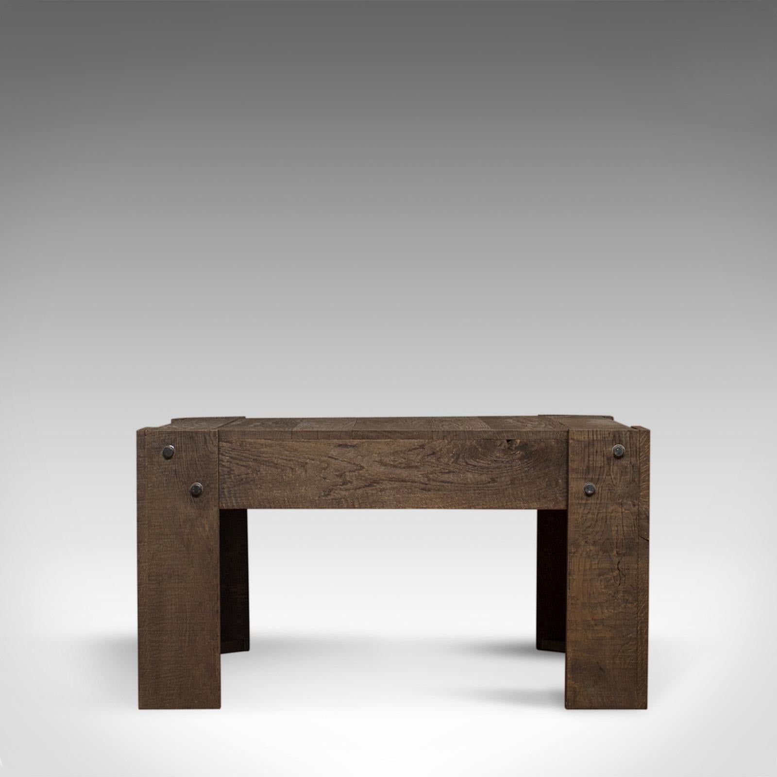 This is a vintage coffee table. A rustic, English, oak occasional or side table in industrial taste, dating to the 20th century.

Select cuts of oak display rich hues and fine grain interest
Good consistent colour and a desirable aged