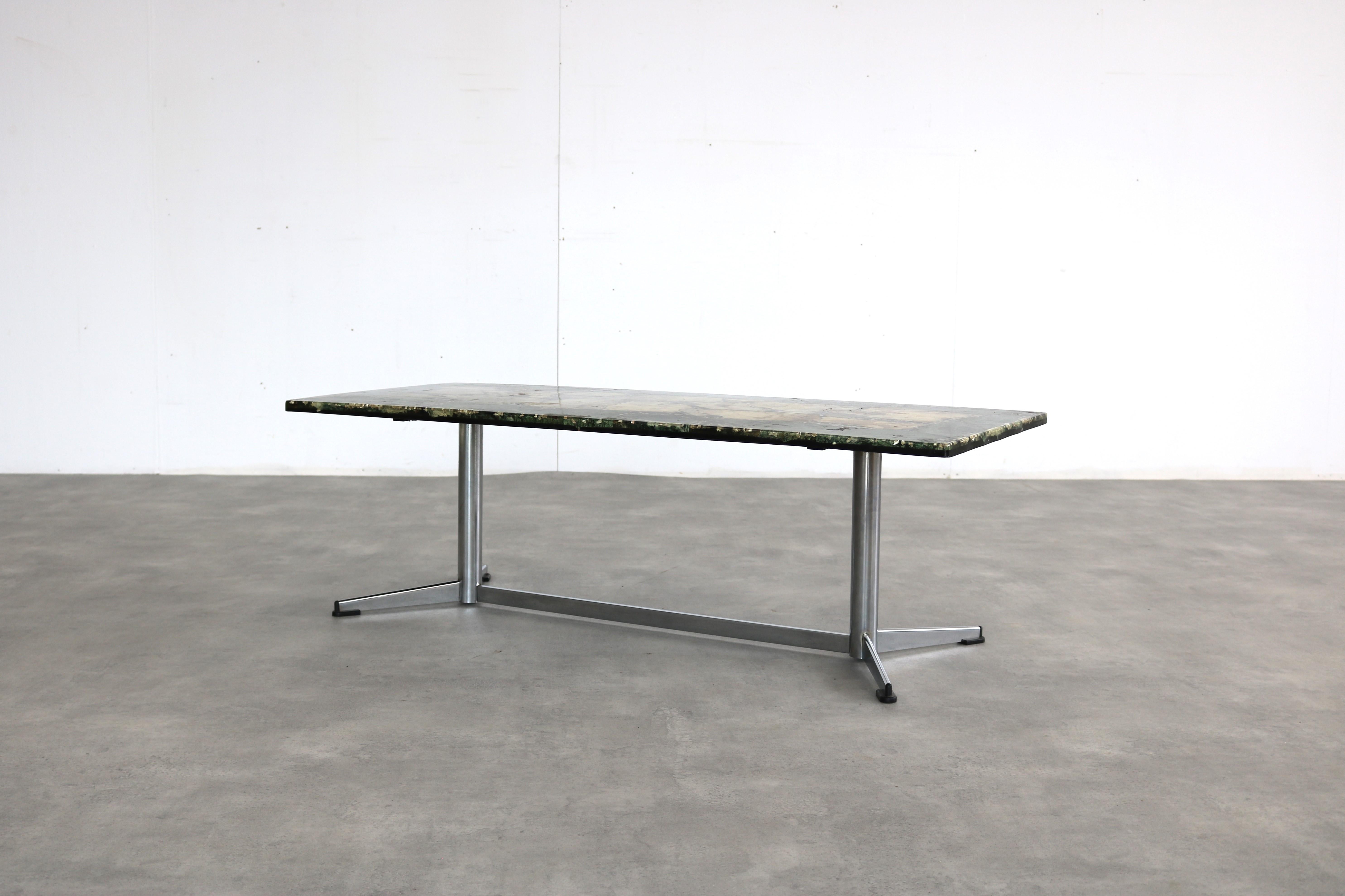 vintage coffee table | table | 60's

period | 60's
design | unknown | The Netherlands
condition | good | light signs of use
size | 38 x 120 x 50 (hxwxd)

details | metal; chrome; stone; epoxy; marble;

article number | 2164