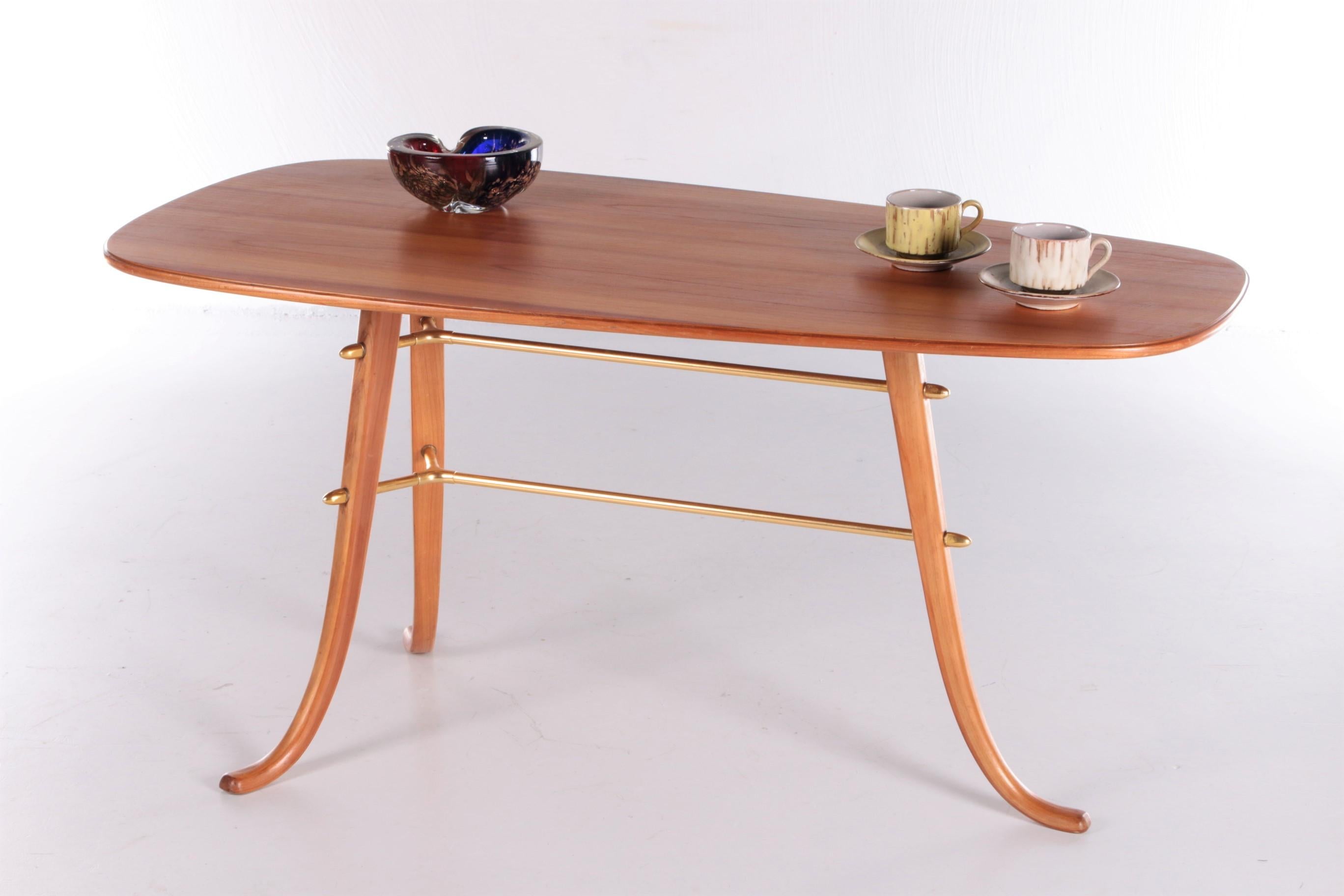 Scandinavian Modern Vintage Coffee Table with 3 Legs and Brass Details Scandinavia For Sale