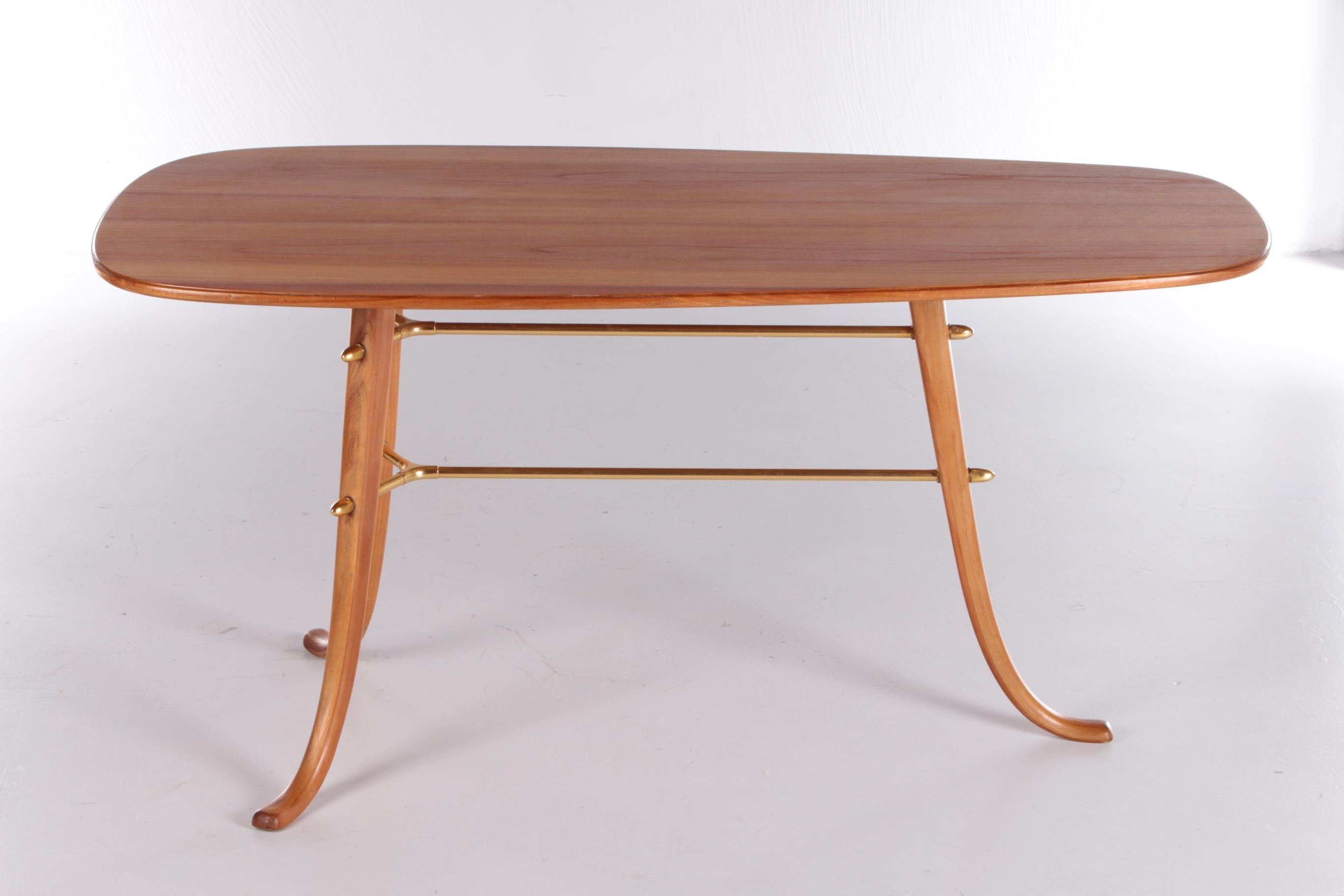 Mid-20th Century Vintage Coffee Table with 3 Legs and Brass Details Scandinavia For Sale