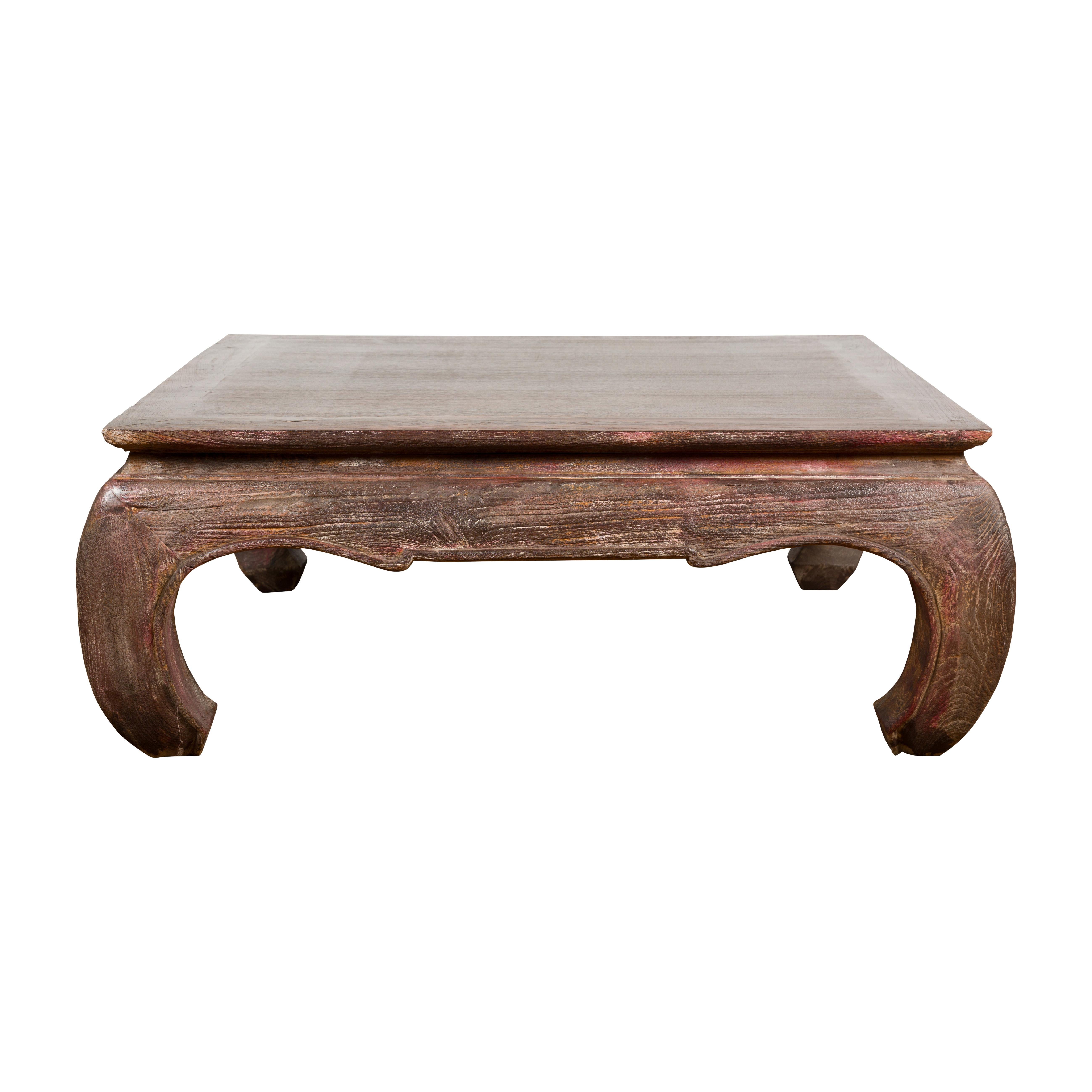 Vintage Coffee Table with Chow Legs, Carved Apron and Distressed Patina For Sale 9
