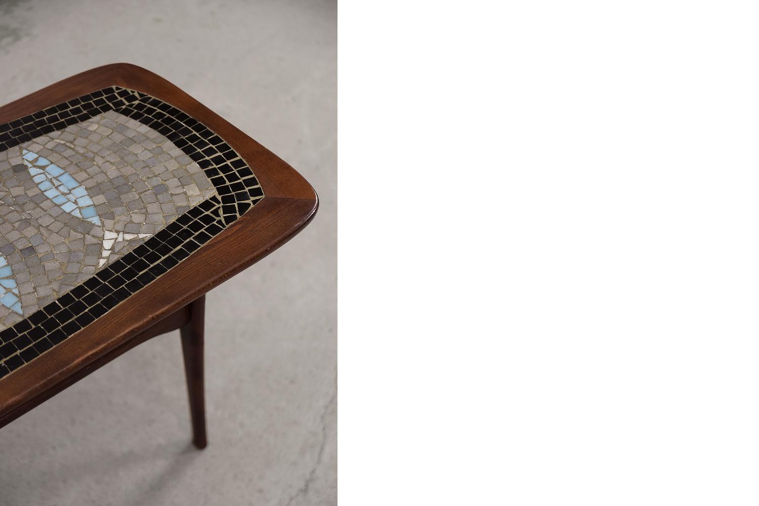 Mid-20th Century Vintage Scandinavian Modern Wood Coffee Table with Colorful Ceramic Mosaic For Sale