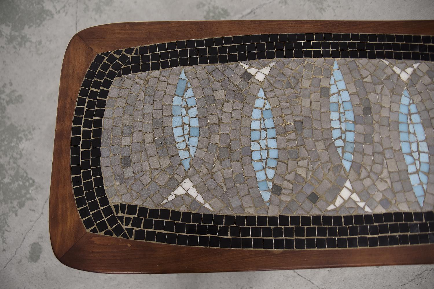 Vintage Scandinavian Modern Wood Coffee Table with Colorful Ceramic Mosaic For Sale 2