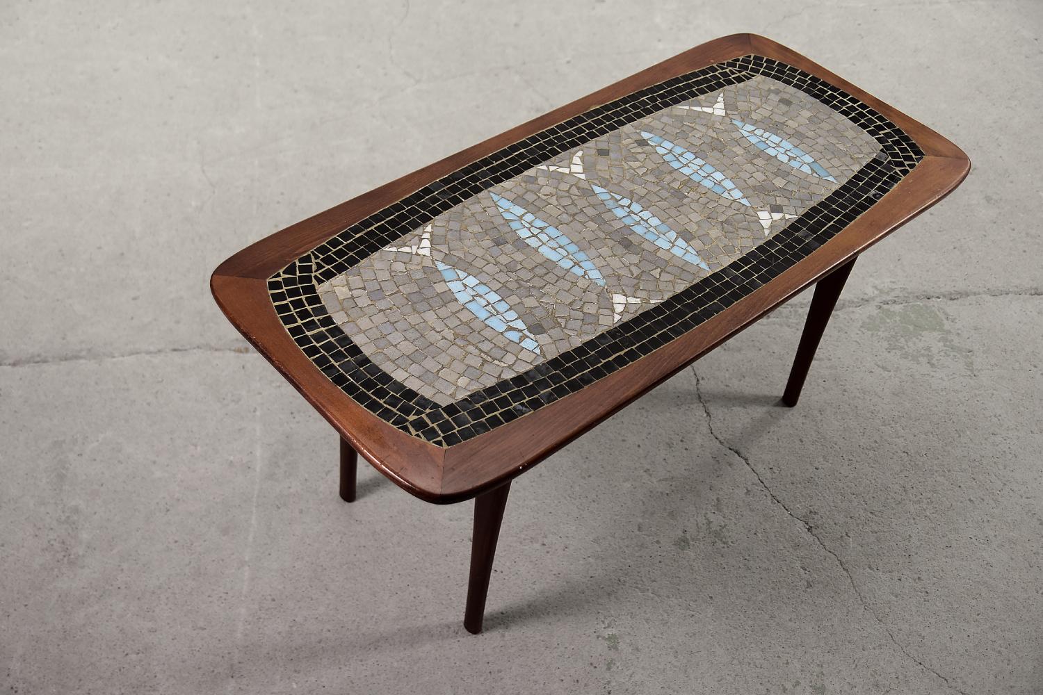 Vintage Scandinavian Modern Wood Coffee Table with Colorful Ceramic Mosaic For Sale 3