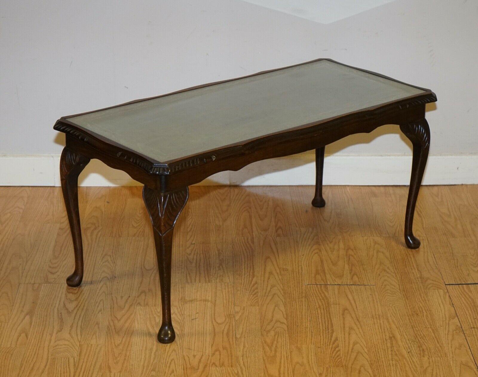 Vintage Coffee Table with Embossed Green Leather Top on Elegant Queen Anne Legs 2