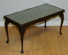 Vintage Coffee Table with Embossed Green Leather Top on Elegant Queen Anne Legs
