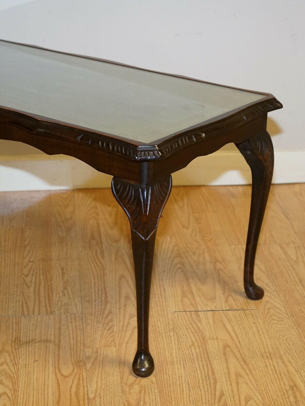20th Century Vintage Coffee Table with Embossed Green Leather Top on Elegant Queen Anne Legs