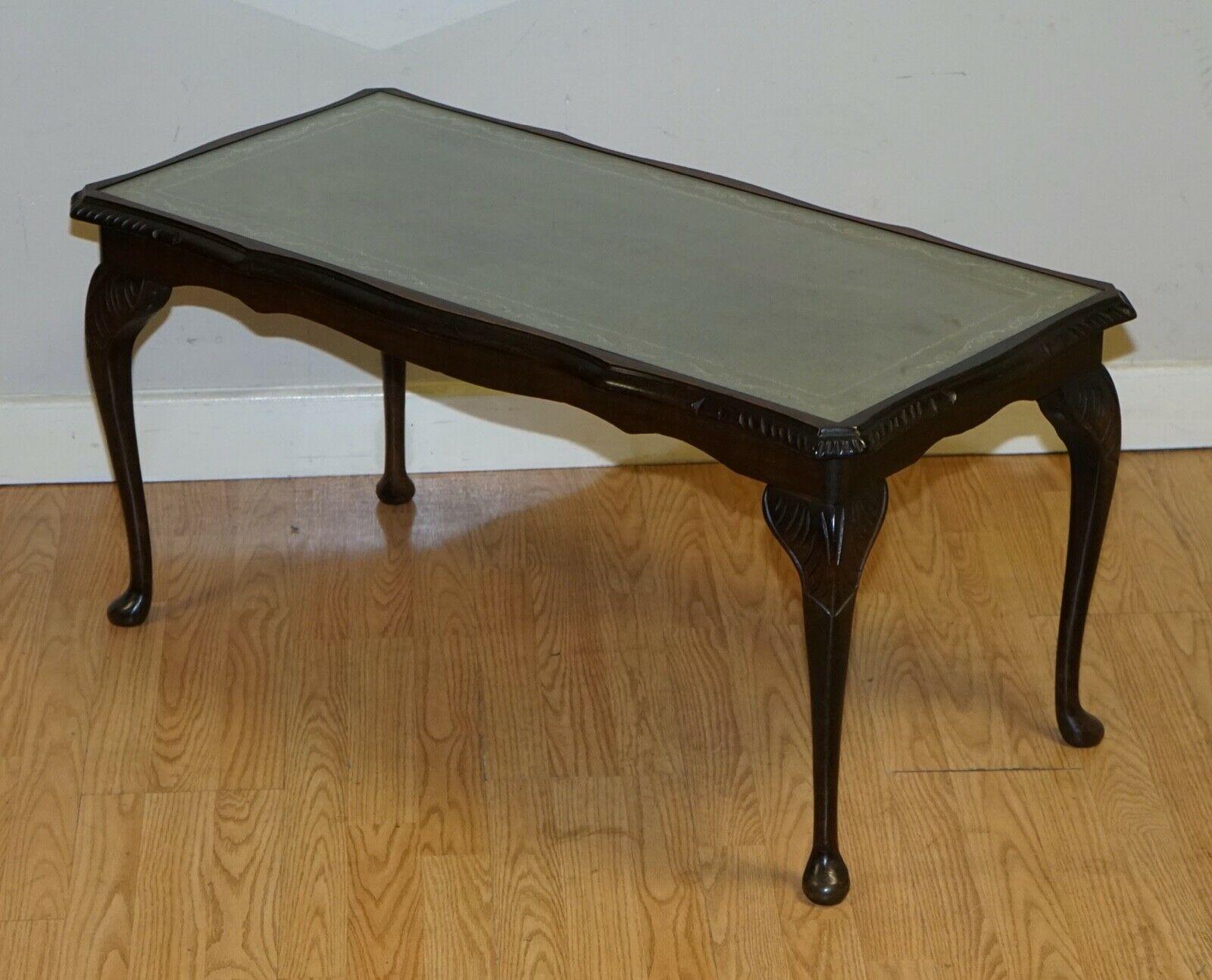 Vintage Coffee Table with Embossed Green Leather Top on Elegant Queen Anne Legs 1