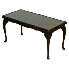 Vintage Coffee Table with Embossed Green Leather Top on Elegant Queen Anne Legs