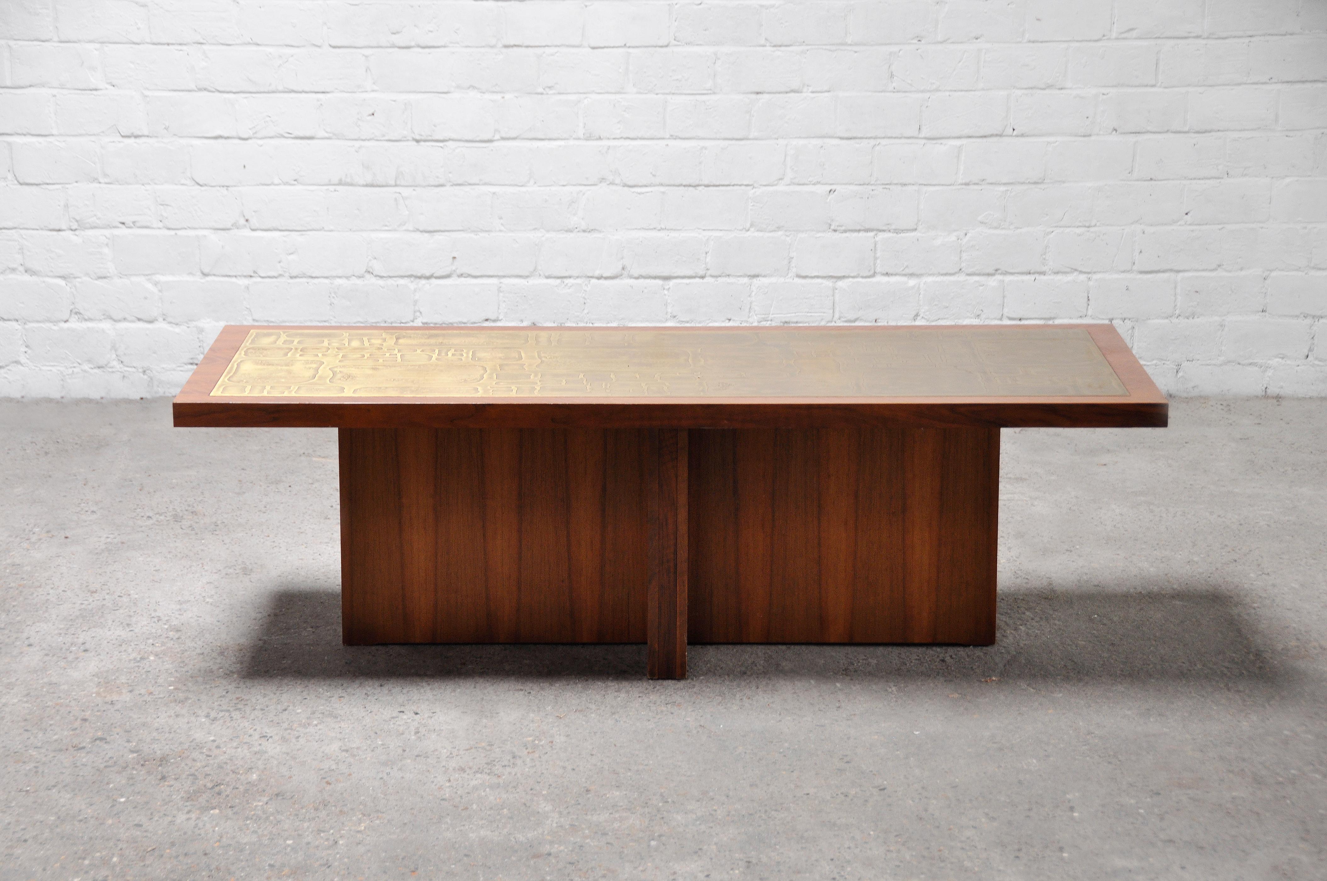German Vintage Coffee Table With Modernist Brass Etched Inlay by Bernhard Rohne, 1960s For Sale