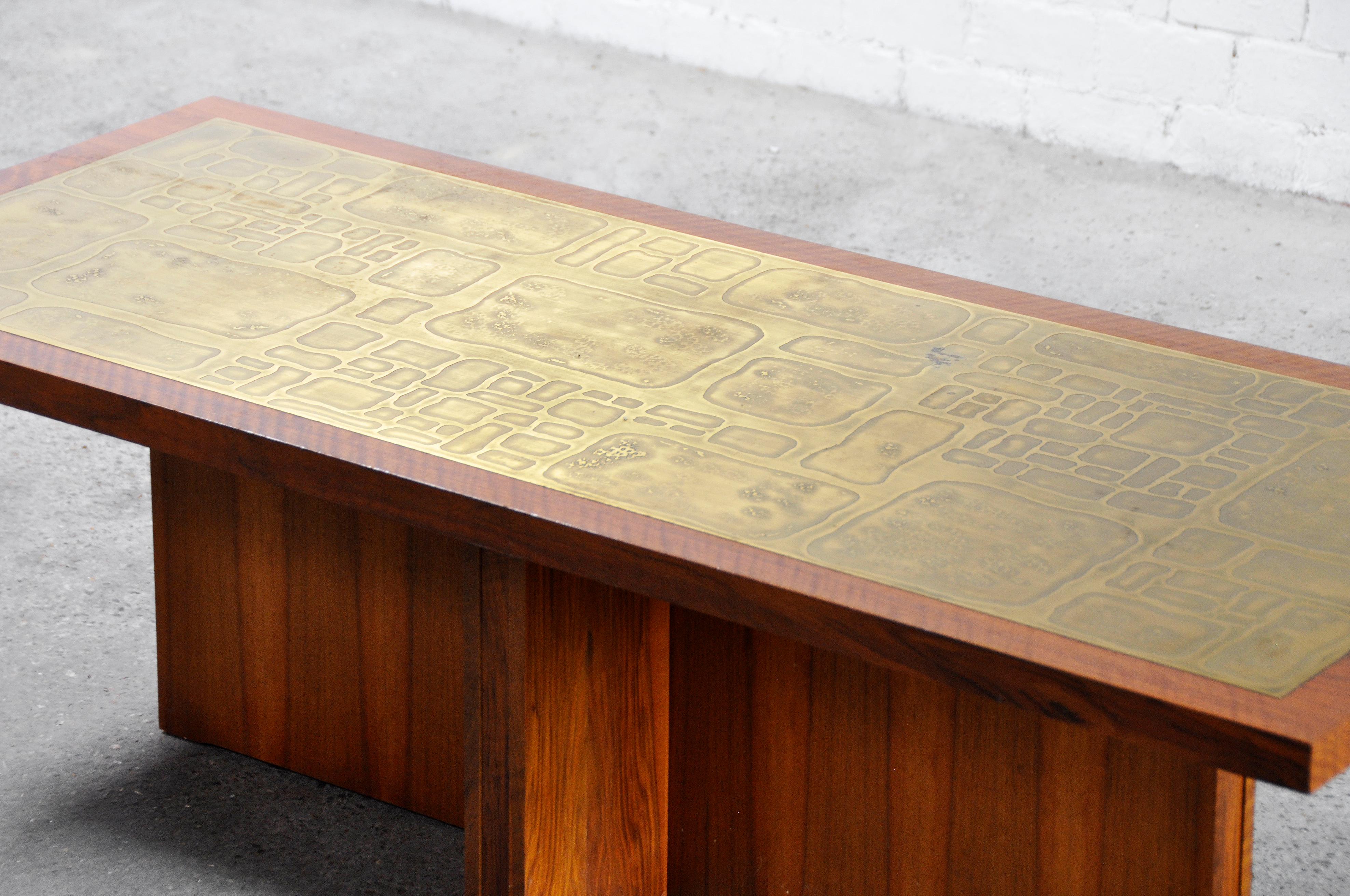 Mid-20th Century Vintage Coffee Table With Modernist Brass Etched Inlay by Bernhard Rohne, 1960s