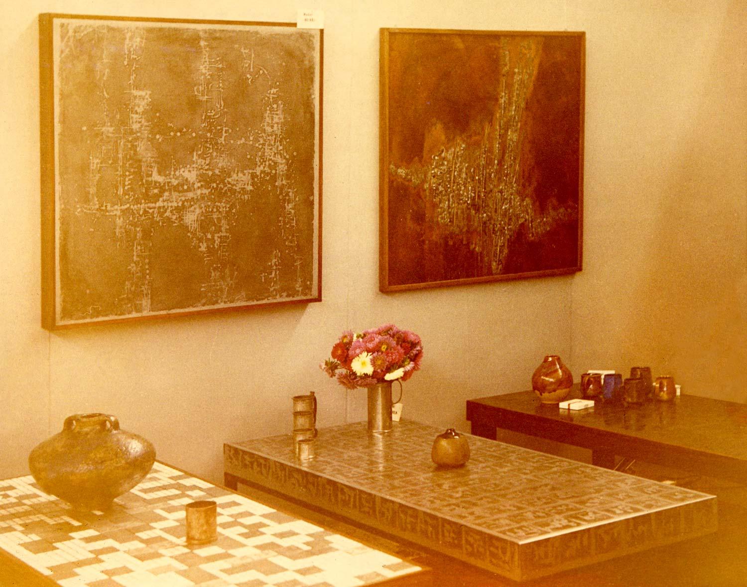 Couchtisch im modernistischen Stil mit geätzter Intarsienarbeit aus Messing von Bernhard Rohne, 1960er Jahre 1