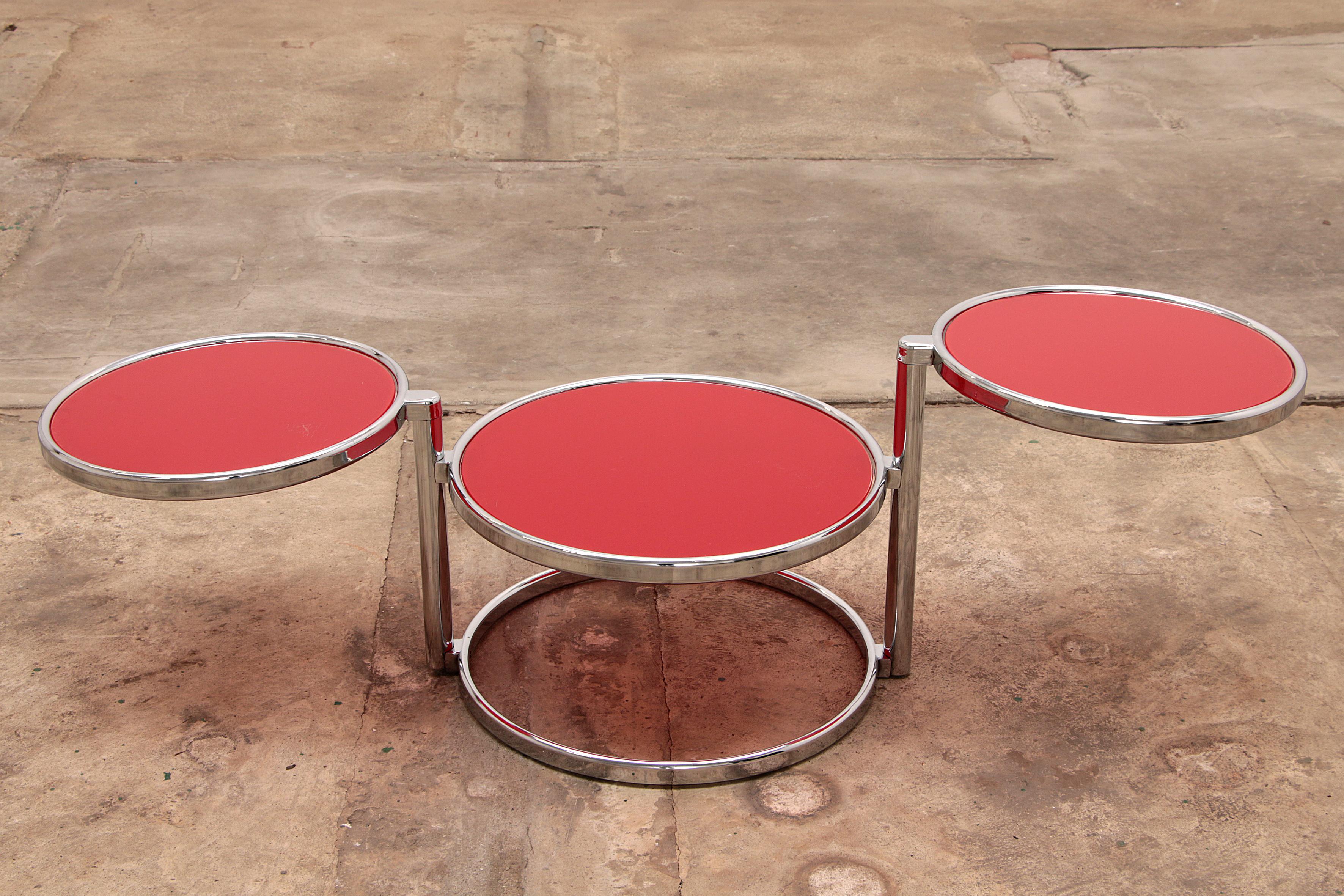 Mid-20th Century Vintage Coffee Table with Round Red Glass Plates, 1960, France
