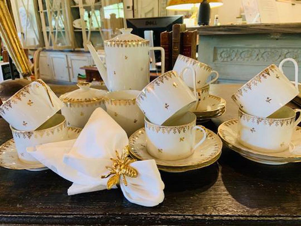 Vintage coffee/tea service, set include 8 cups and saucers, creamer, sugar and coffee/tea pot. Limoges, Porcelain.