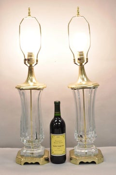 Vintage Cofrac Art Verrier French Leaded Crystal Glass & Brass Table Lamps, Pair