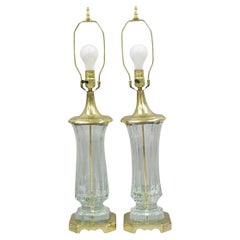 Vintage Cofrac Art Verrier French Leaded Crystal Glass & Brass Table Lamps, Pair