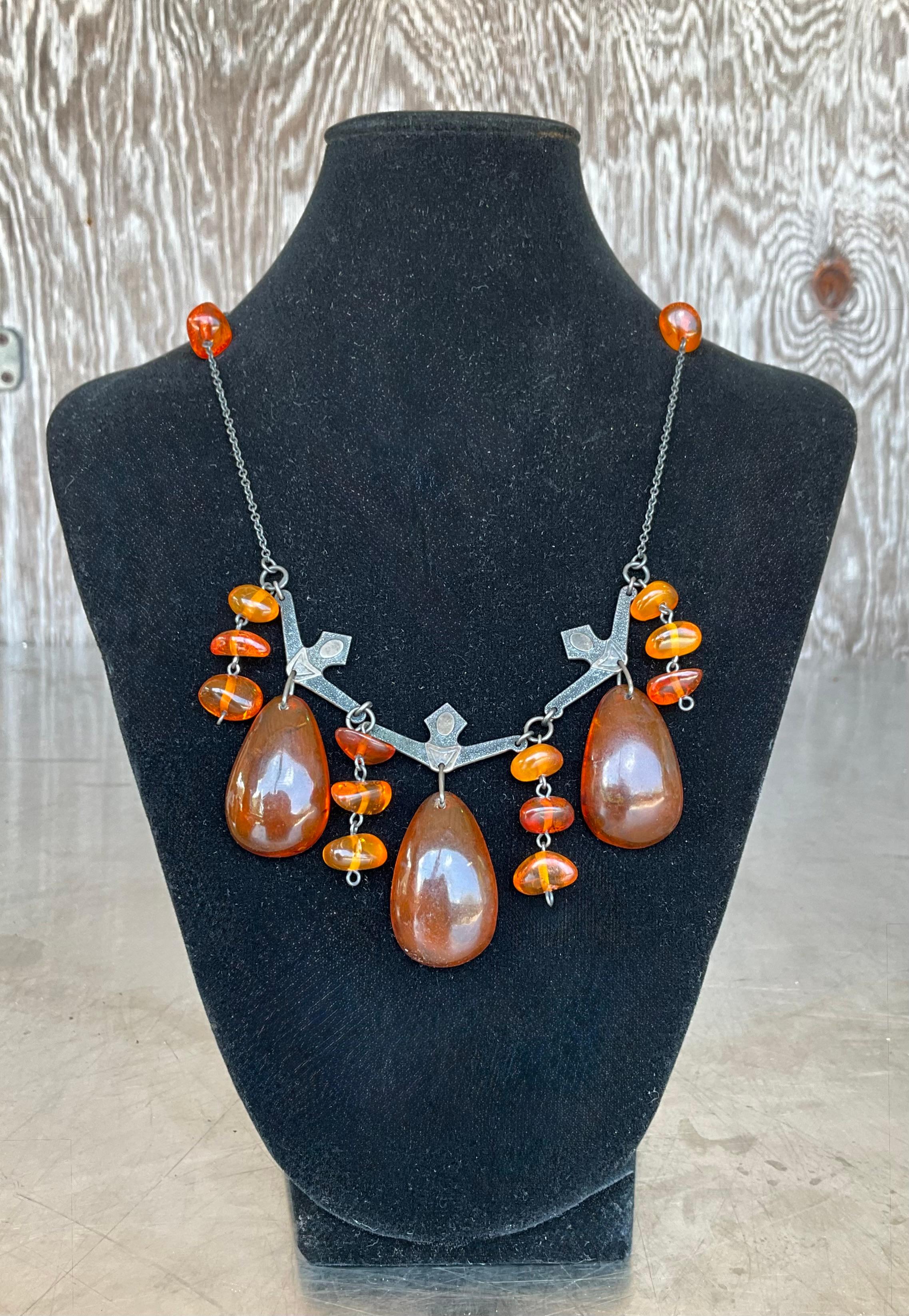 Perlina Collana d'ambra cognac vintage con argento annerito in vendita