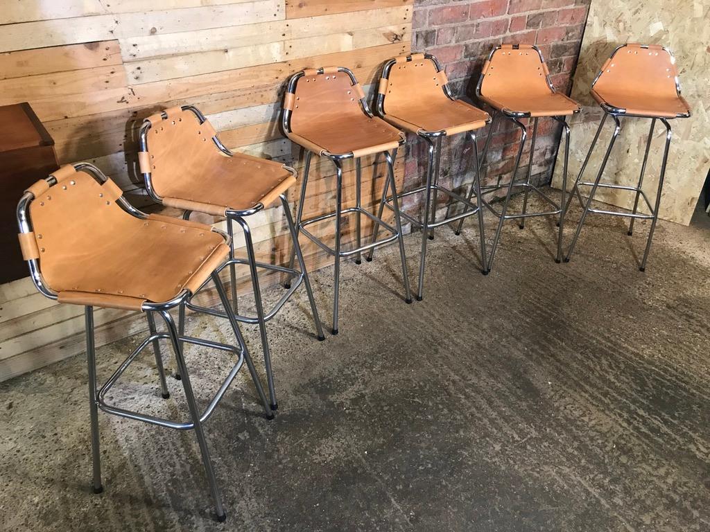 Vintage cognac colour Leather Stools Selected by Charlotte Perriand for Les Arcs In Good Condition For Sale In Markington, GB
