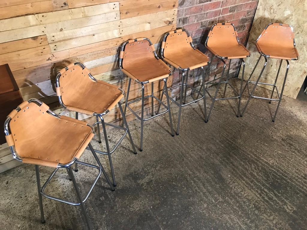 20th Century Vintage cognac colour Leather Stools Selected by Charlotte Perriand for Les Arcs For Sale