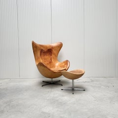Vintage Cognac Egg Chair & Ottoman by Arne Jacobsen for Fritz Hansen, 1970s