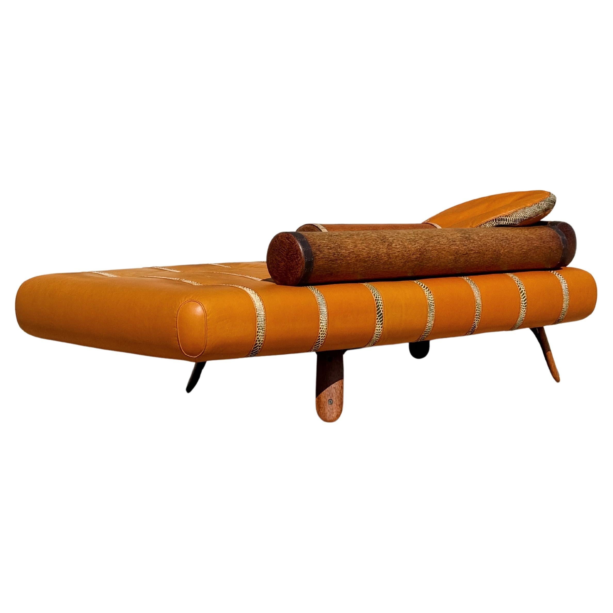 Vintage Cognac Leather and Snake Print Chaise by Pacific Green For Sale