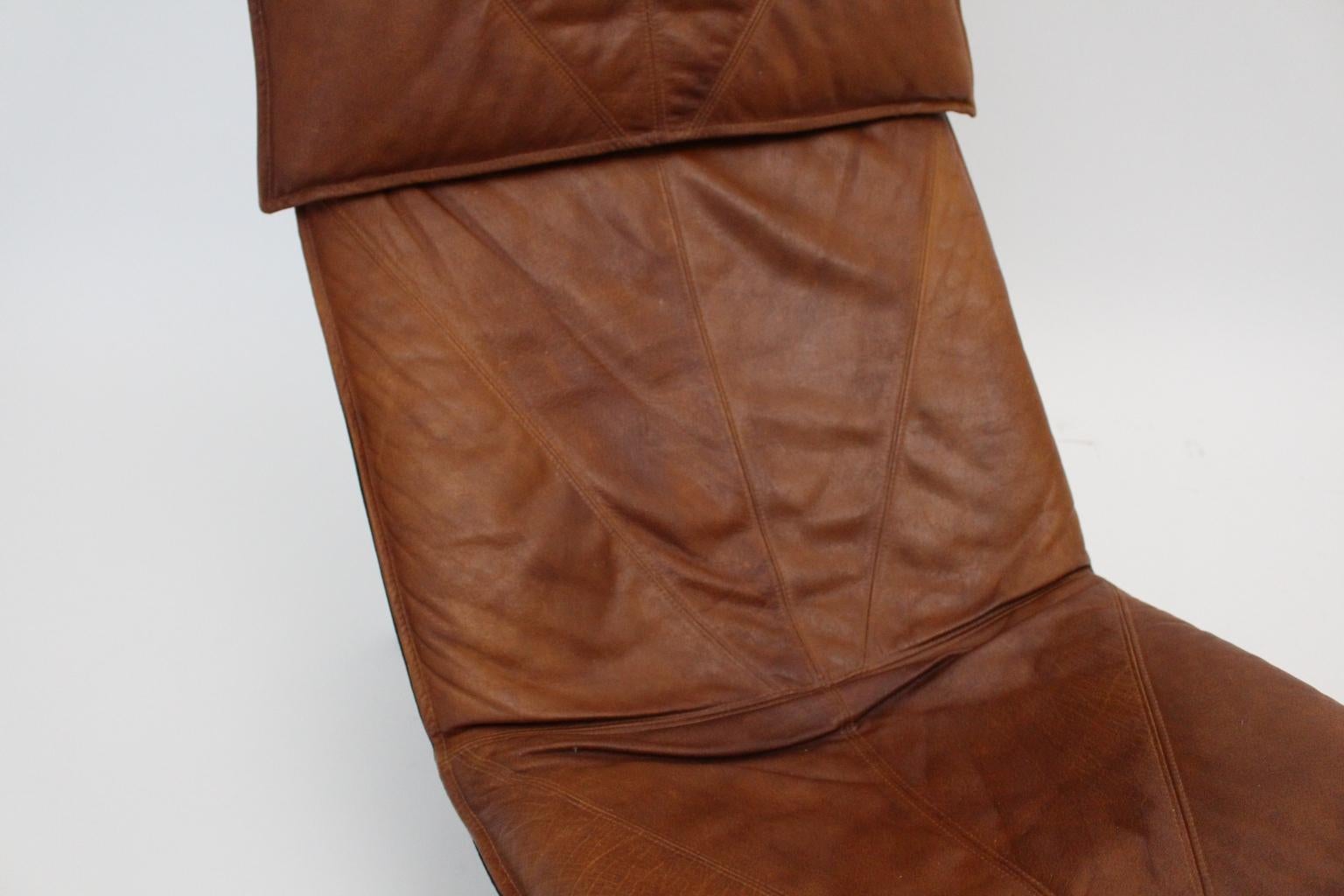 Vintage Cognac Leather Chaise Longue by Tord Bjorklund Sweden, 1970 For Sale 6