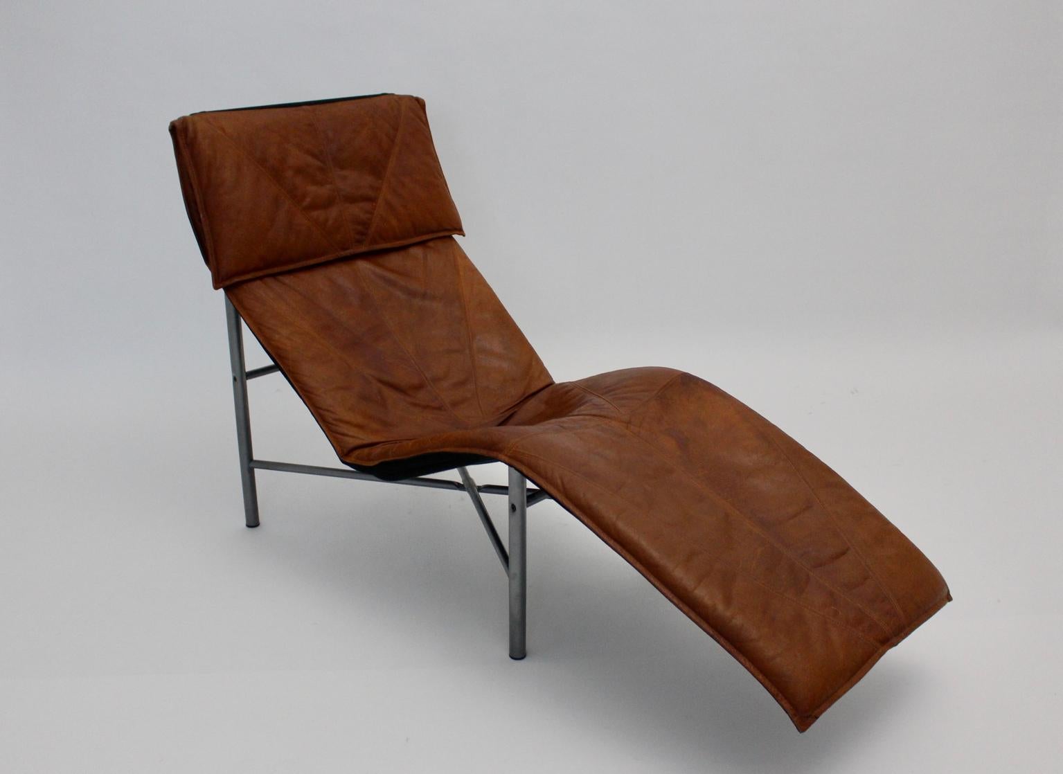 Laqué Chaise longue vintage en cuir cognac de Tord Bjorklund, Suède, 1970 en vente