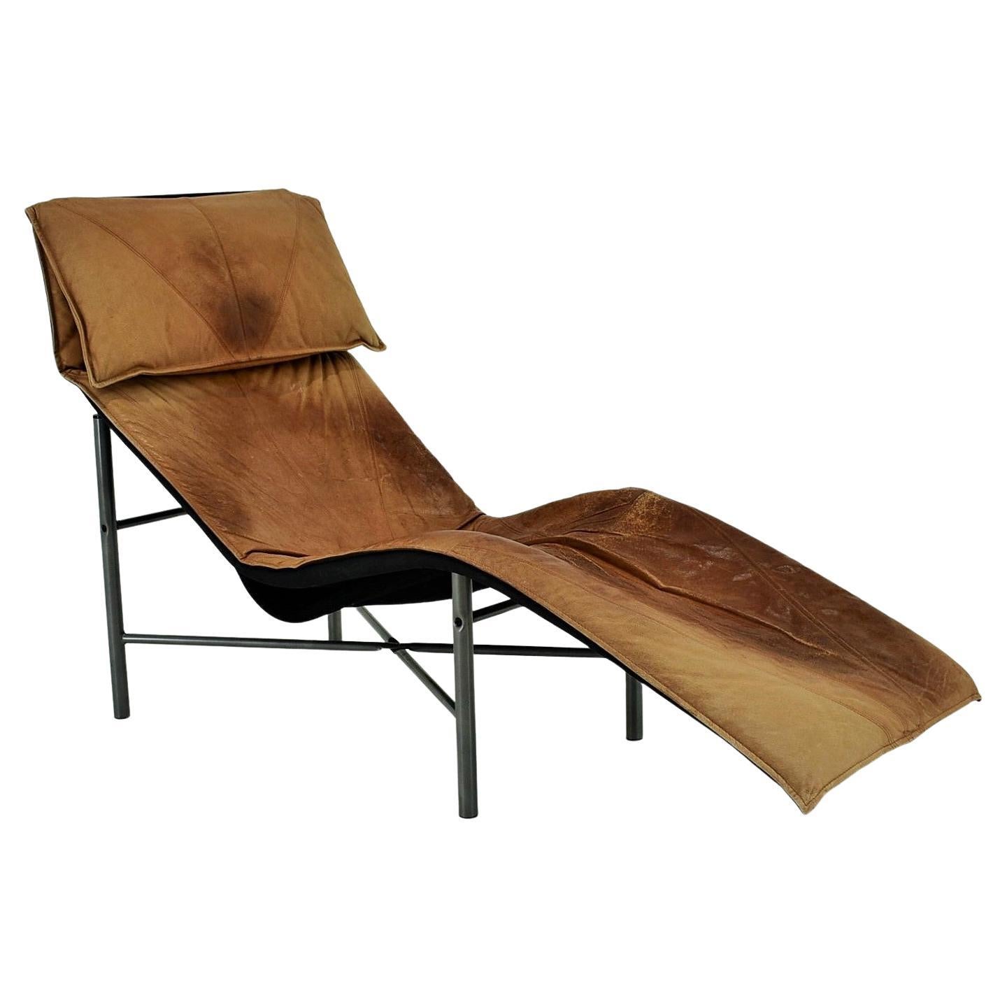 Vintage Cognac Leather Chaise Longue by Tord Bjorklund Sweden, 1970 For Sale